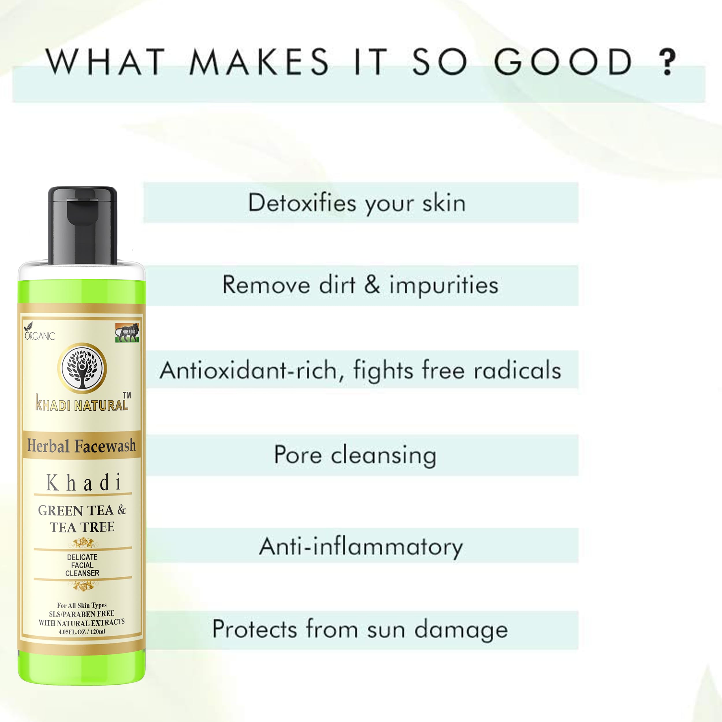 Khadi Natural Green Tea & Tea Tree Face Wash 210ml - Refreshing Cleanser for Clear, Rejuvenated Skin with Neem & Tea Tree | Gentle Daily Facial Wash for Acne-Prone & Sensitive Skin | Perfect for Morning & Night Skincare Routine
