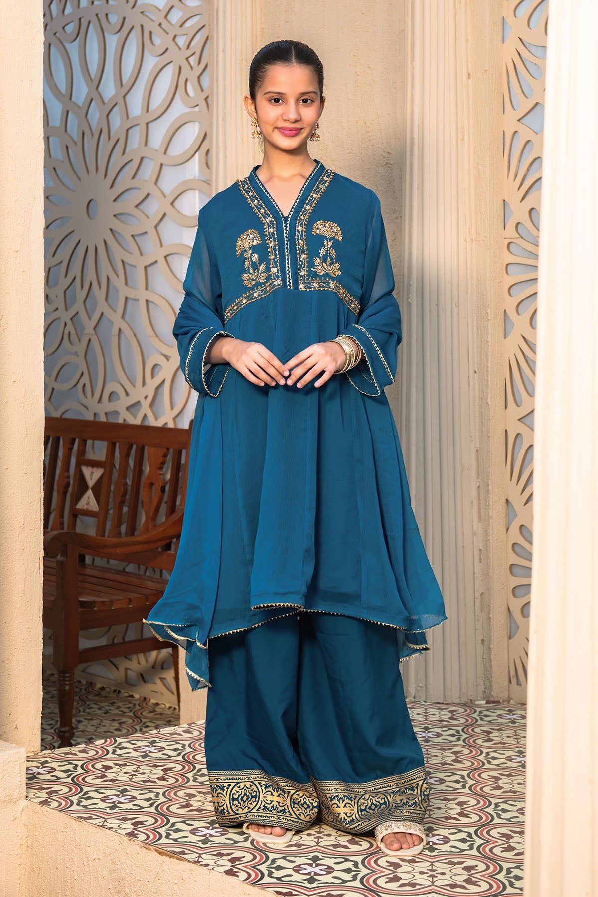 Elegant Chiffon Hand Embroidered Blue Tea Dress with Ochre Stitching - Perfect for Parties, Weddings & Special Occasions