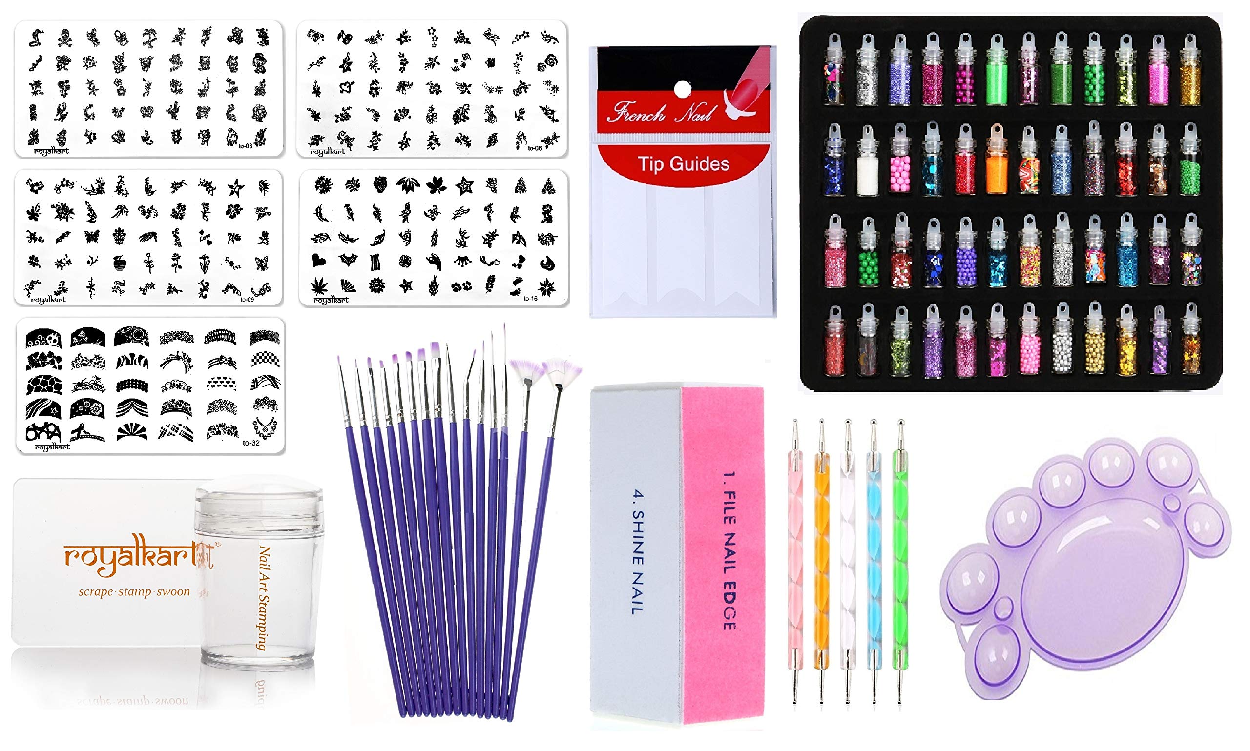 RoyalKart Professional Metal Nail Art Kit - 5 Design Plates, 48 Glitter Colors, 5 Dotting Tools, 15 Nail Brushes & Silicone Stamper for Salon-Quality Manicures at Home | DIY Nail Design, French Tips, Ombre & Glitter Nails