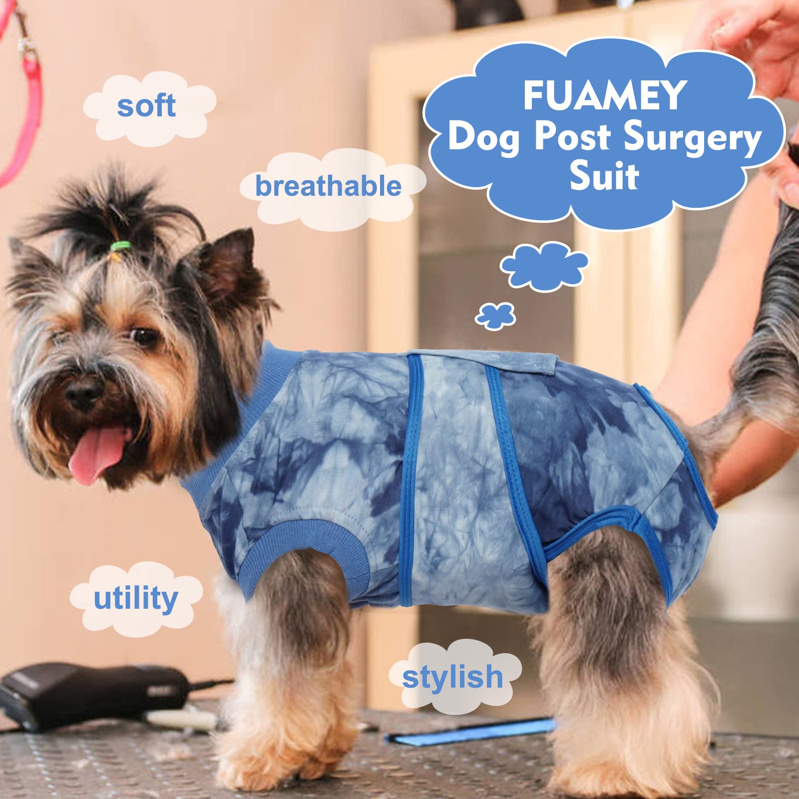 FUAMEY Post-Surgery Recovery Suit for Dogs - Soft, Breathable Dog Bodysuit | E-Collar & Cone Alternative | Male & Female Dog Neuter/Spay Suits | Anti-Licking Wound Protection | Blue Tie Dye Onesie | Perfect for Post-Op Care & Wound Healing
