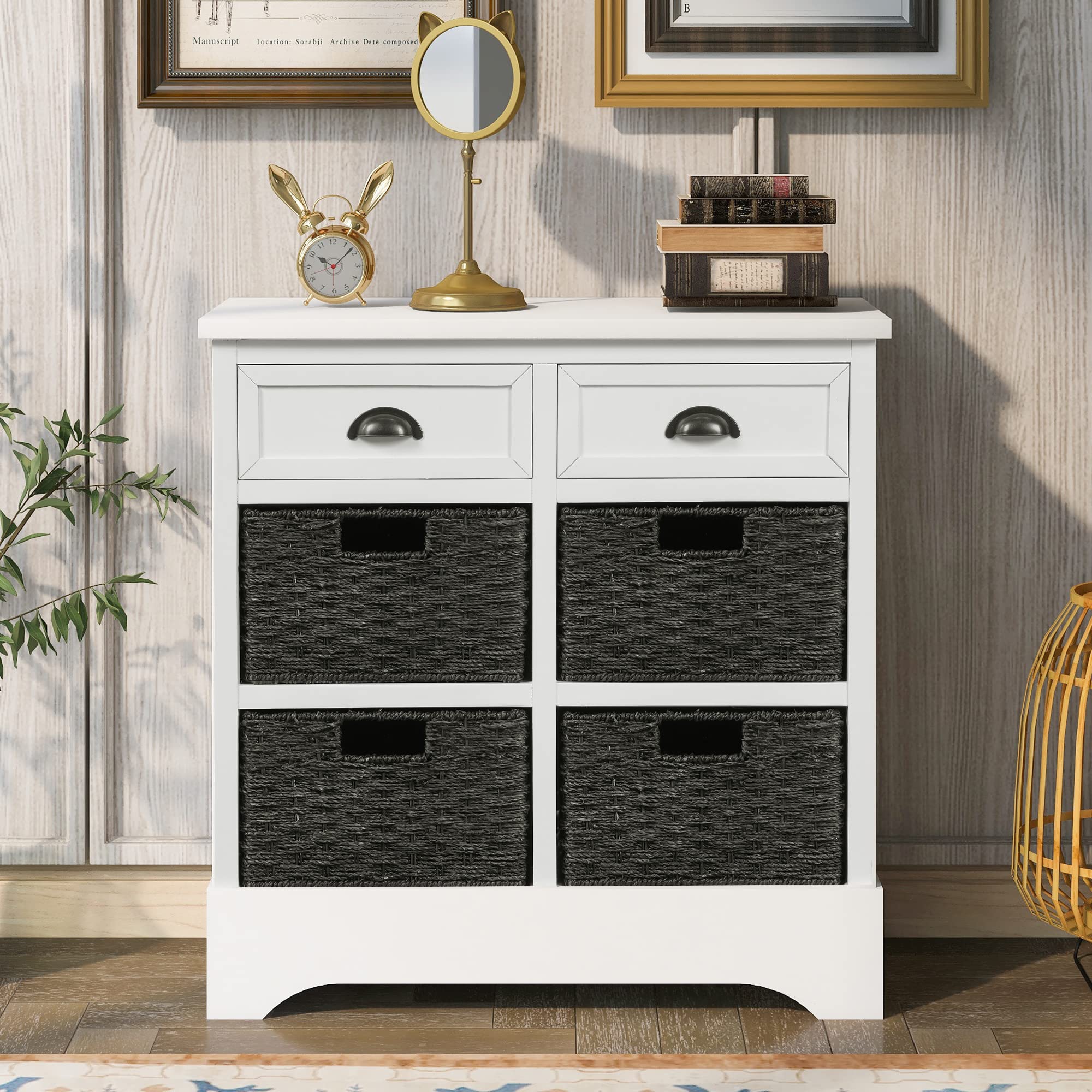 Vintage Storage Cabinet with Wood Drawers & Wicker Baskets - Home & Living Room Organizer