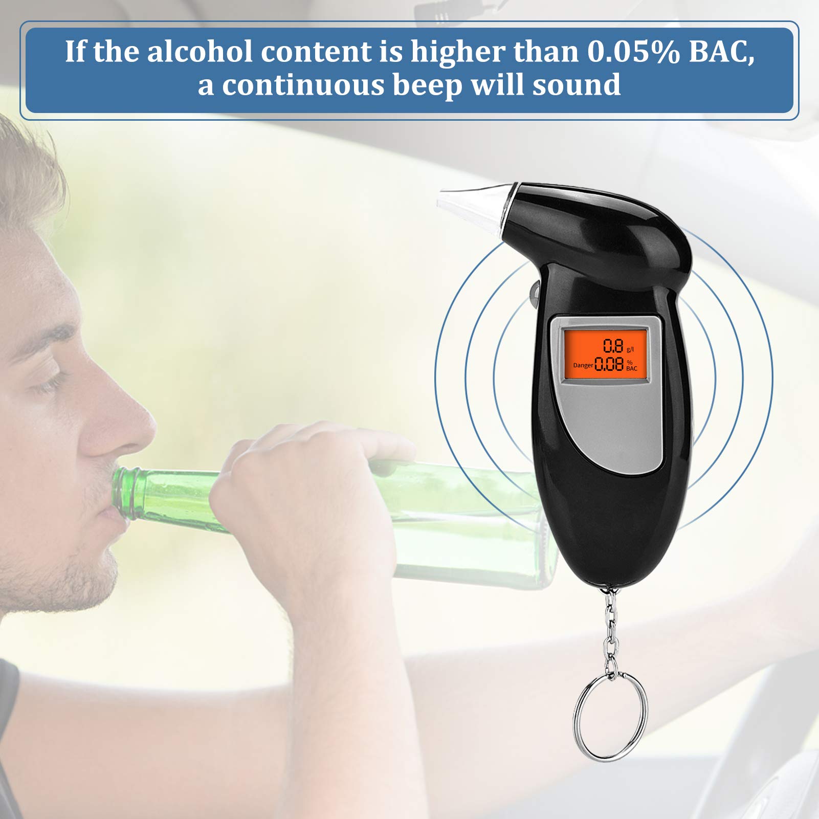 Portable Digital Breathalyzer with LCD Screen - Keychain Alcohol Tester for Personal & Professional Use - Includes 5 Disposable Mouthpieces - Perfect for Bars, Parties, Workplace Safety & Personal Health Monitoring