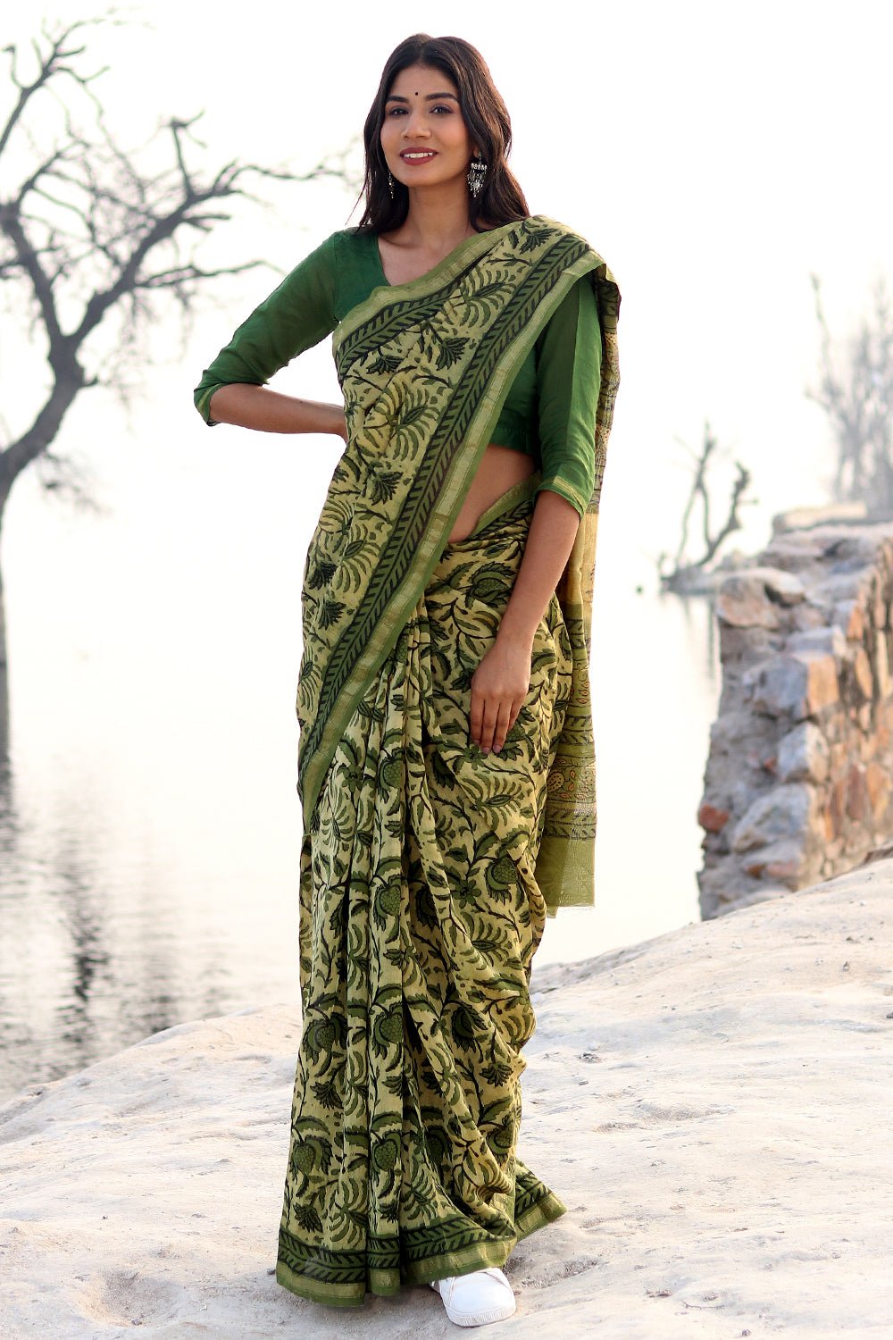 Kiwi Sunburst Handblock Printed Chanderi Saree - Elegant Indian Traditional Wear for Weddings & Festivals | Breathable Lightweight Fabric for Special Occasions
