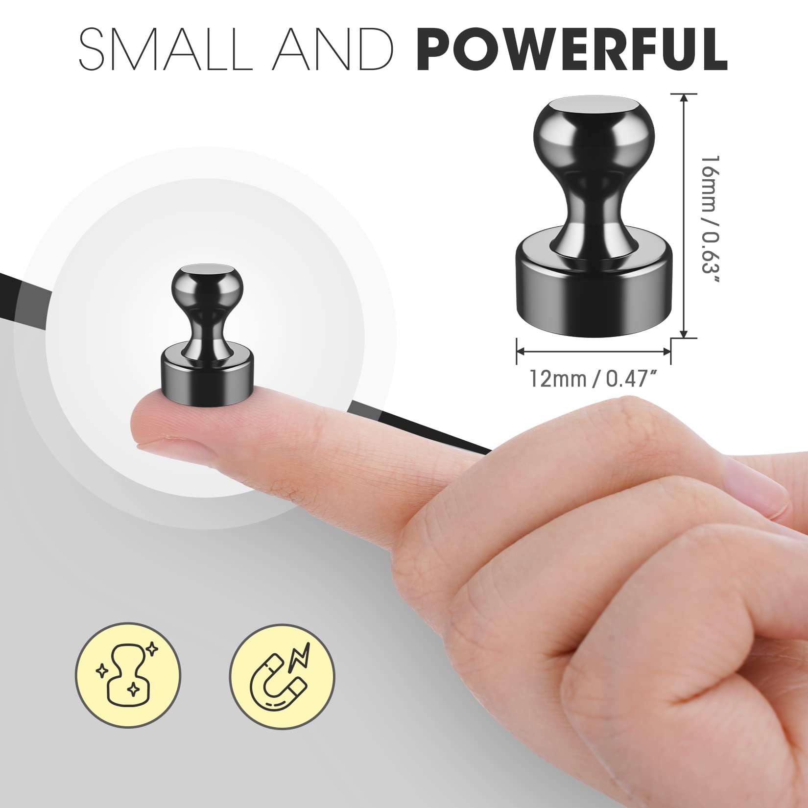 Grtard 48 Pack Black Magnetic Push Pins - Strong Refrigerator & Whiteboard Magnets for Office, School, Locker & Map - Perfect for Organizing Notes, Photos, and Documents on Metal Surfaces