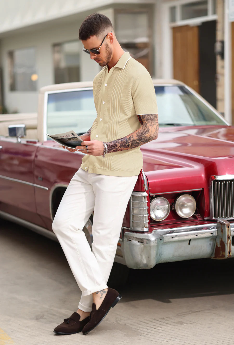 Men's Textured Cardigan Sweater - Short Sleeve Lapel Collar Button Up Knitwear for Casual Wear & Office Outfits