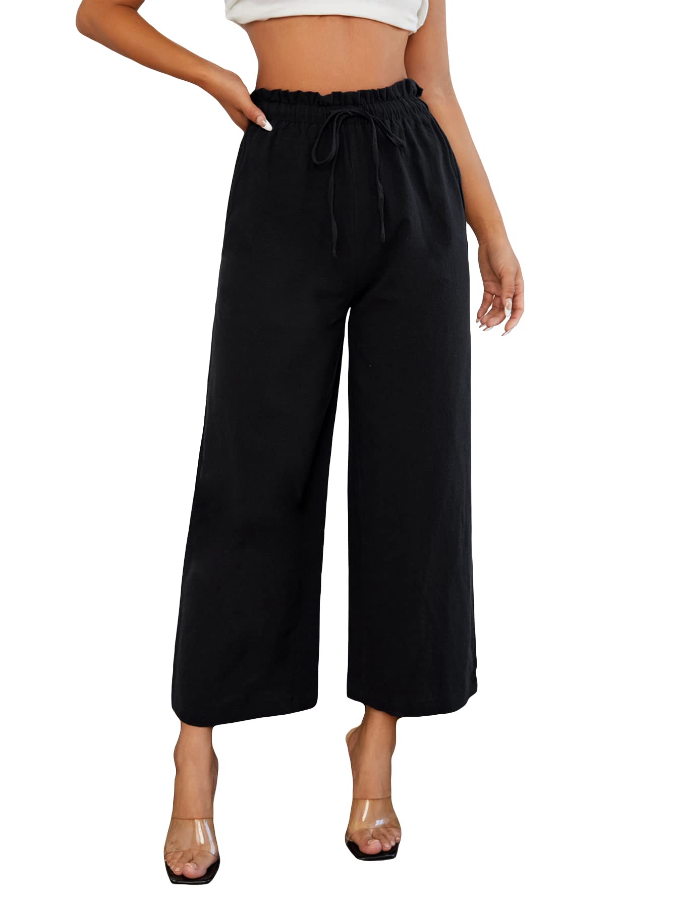 SheIn Women's High Waisted Loose Palazzo Pants - Wide Leg Drawstring Lounge Trousers for Yoga, Travel & Casual Wear - Comfortable Elastic Waist Summer Pants