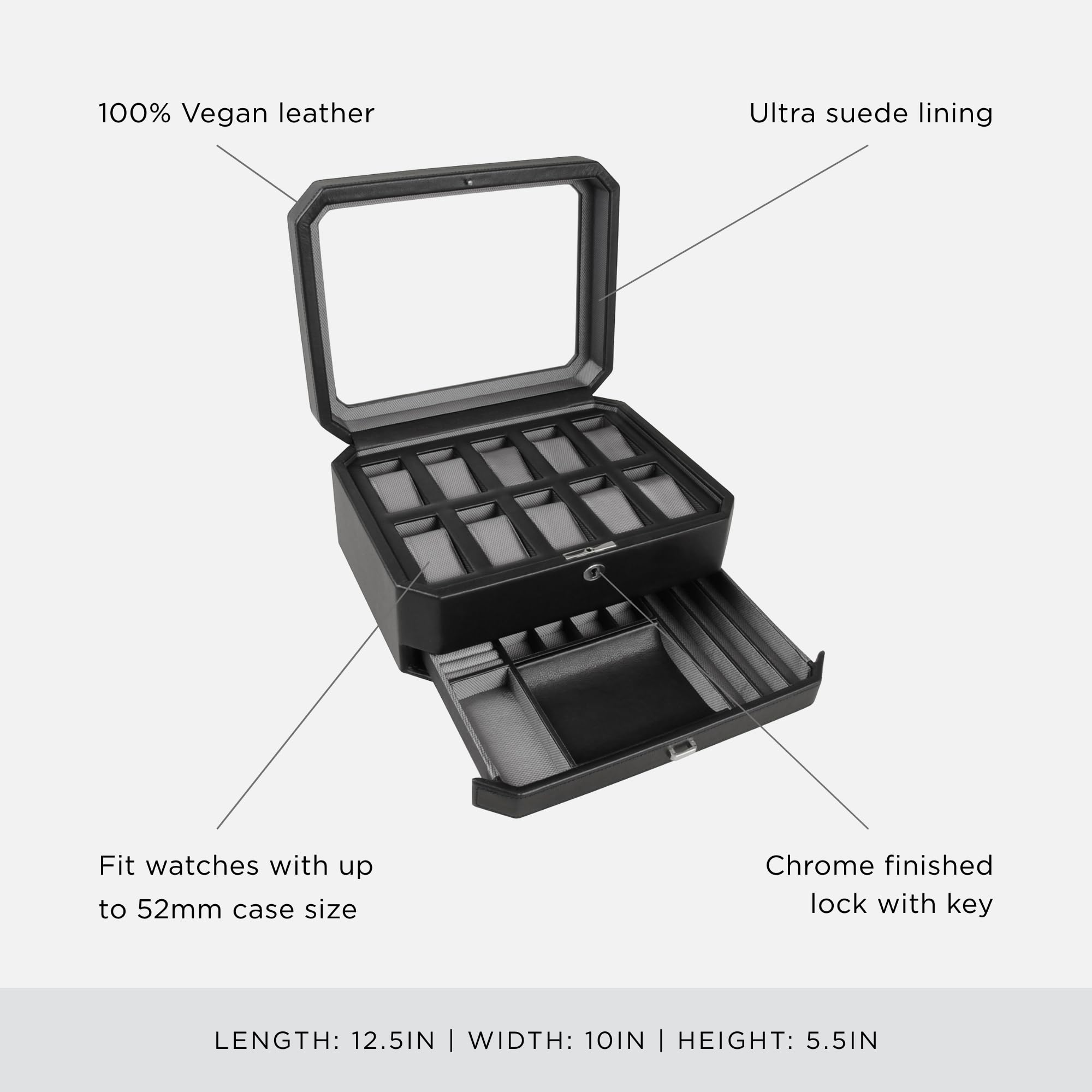 Premium WOLF Windsor 10-Piece Watch & Jewelry Organizer Box with Drawer - Black Vegan Leather Watch Case with 10 Watch Slots, 8 Ring Rolls & 17 Jewelry Compartments - Perfect for Travel, Gift & Luxury Watch Storage