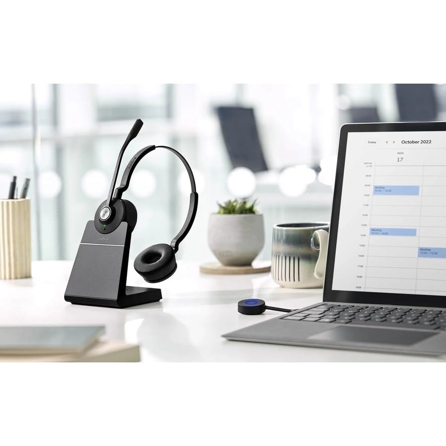 Jabra Engage 55 Stereo Wireless Headset with DECT Adapter & Charging Stand - Noise Cancelling Mic, Long Range - Google Meet & Zoom Certified - Compatible with All Platforms - Black - Perfect for Remote Work, Online Meetings & Call Centers