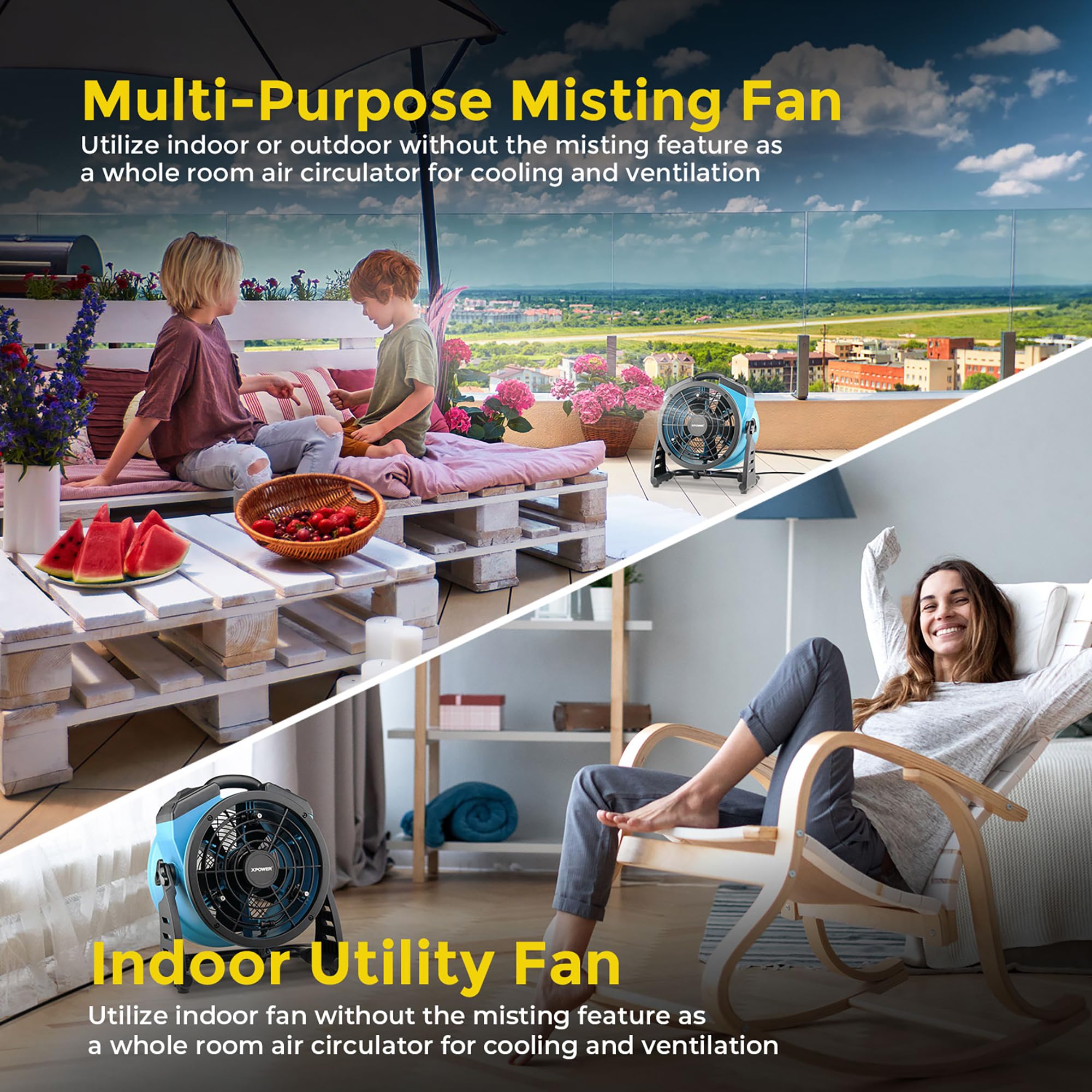 XPOWER FM-65 Portable Misting Fan & Air Circulator - High Velocity Cooling Fan with Adjustable Mist for Outdoor, Patio, Pool, and Backyard Use