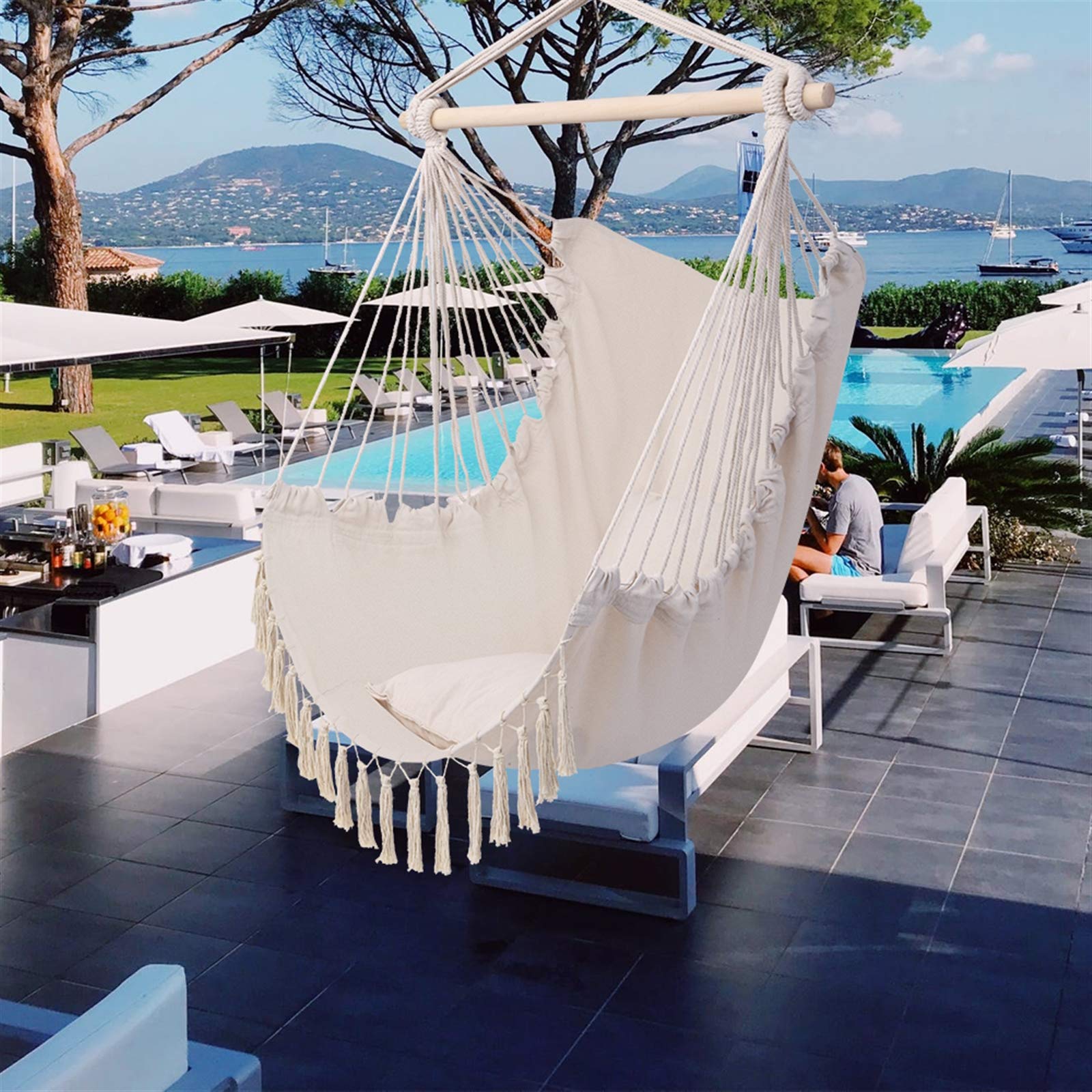 Beige Tassel Hanging Chair with Cushions - Indoor/Outdoor Hammock Swing for Bedroom, Garden, Yard, Patio & Porch - Perfect Relaxation & Boho Decor