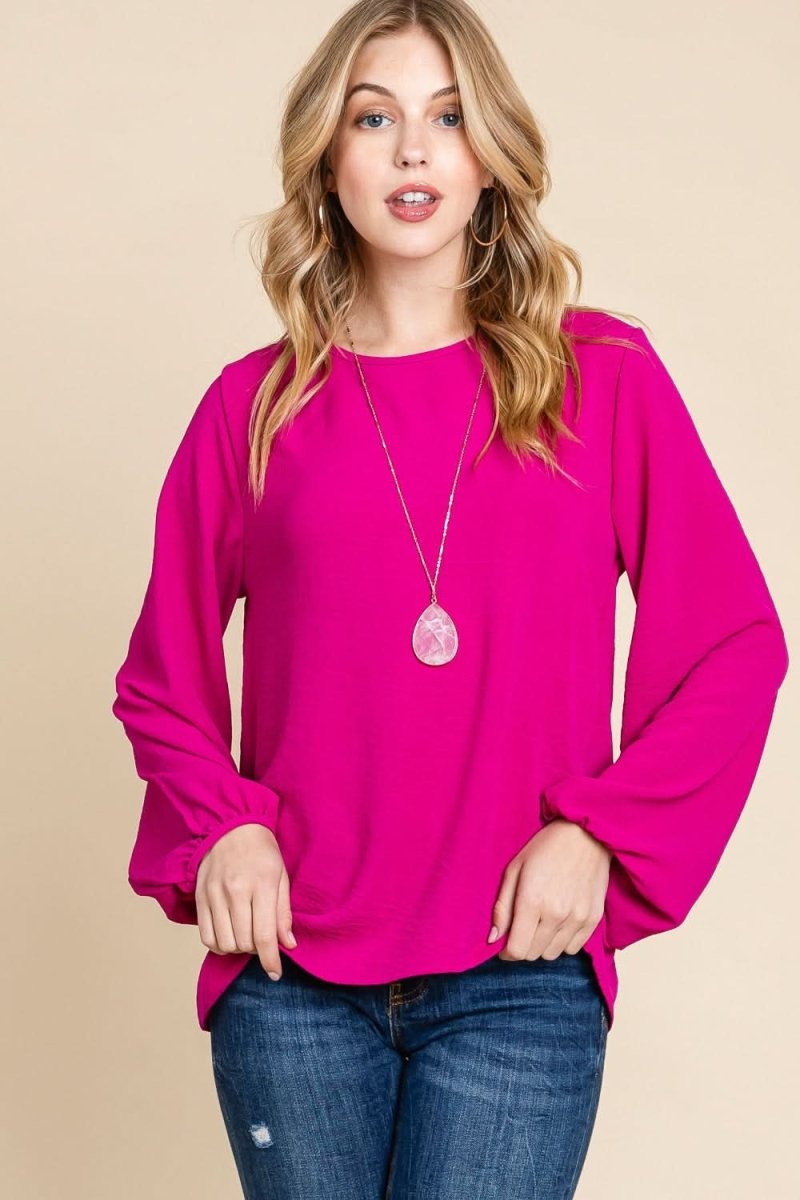 BOMBOM Textured Balloon Sleeve Blouse - Women's Fashion Tops for Party, Date Night & Casual Wear