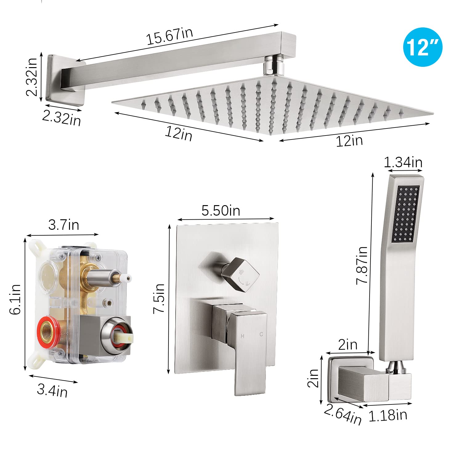 Qomolangma 12 Inch Rain Shower System - Wall Mounted Bathroom Shower Faucet Set with Pressure Balance Valve, 2-Function Shower Head (Rain & Handheld Spray) - Perfect for Modern Bathroom Renovation & Spa-Like Shower Experience