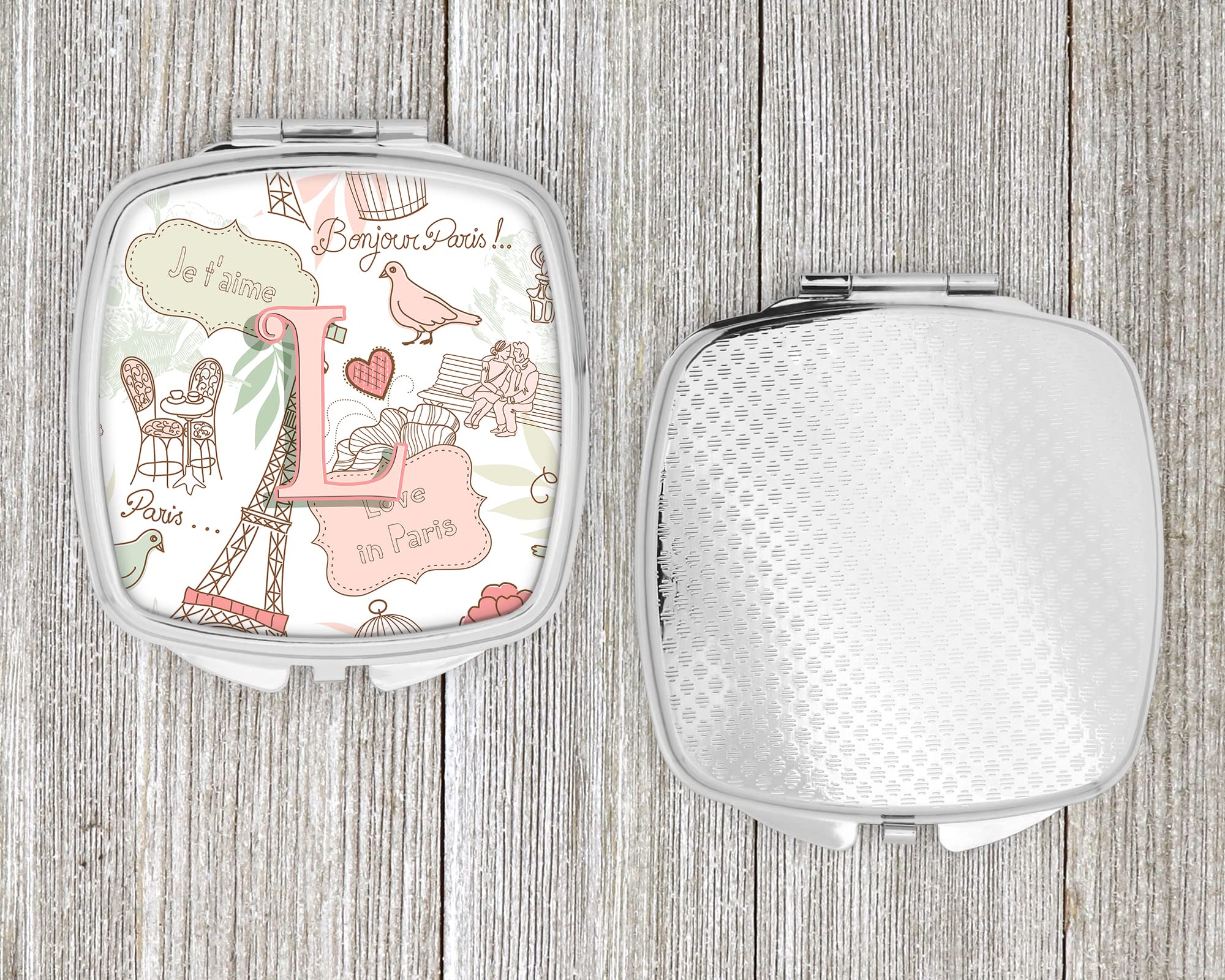 Caroline's Treasures CJ2002-LSCM Paris Pink Letter L Love Compact Mirror - Travel Makeup Mirror for Women & Girls, Folding Handheld Pocket Mirror - Perfect for Gifts, Travel, Purse & Everyday Makeup Touch-Ups
