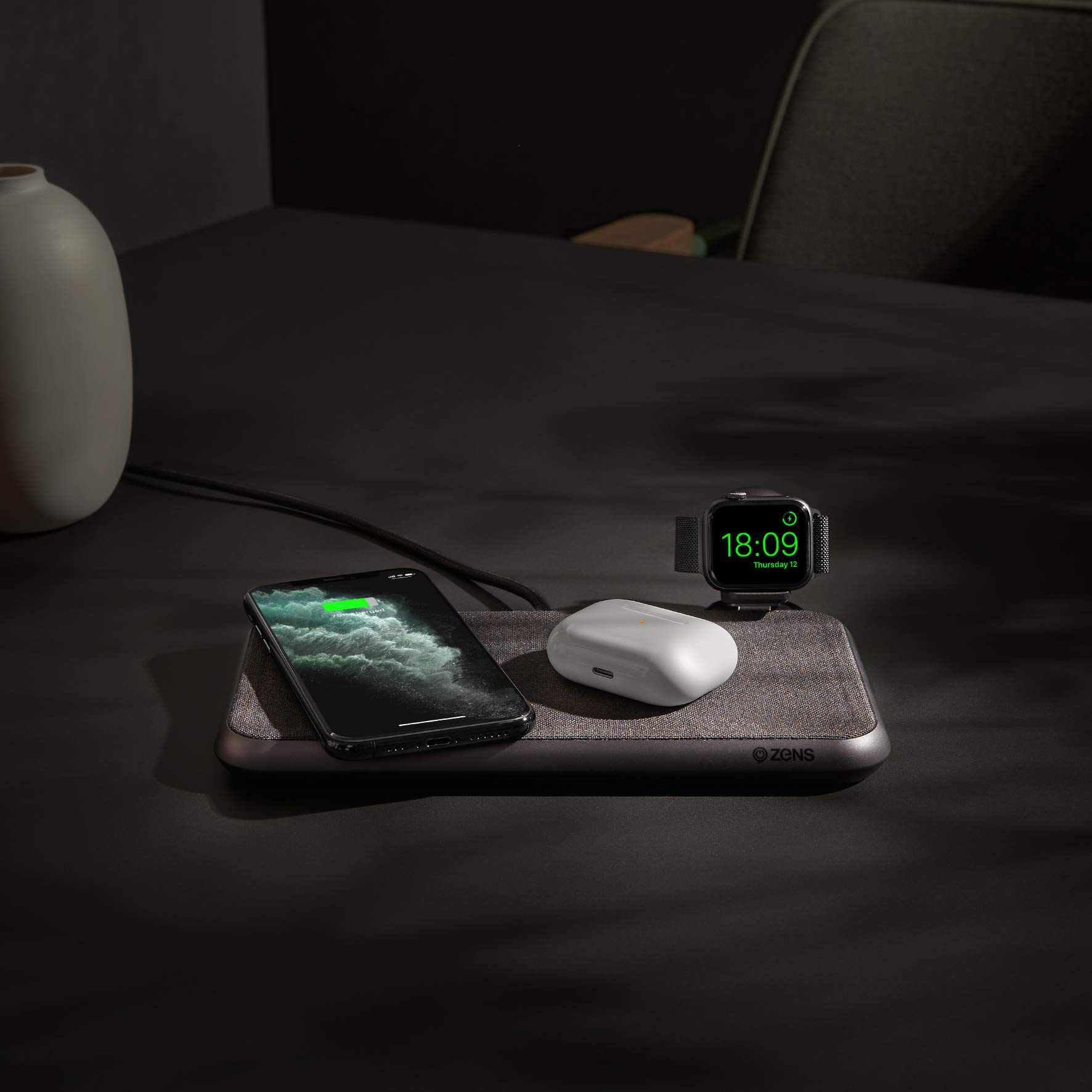 ZENS Liberty 16 Coil Dual Wireless Charging Pad - Fast 15W Charger for iPhone & Samsung - Fabric Surface Qi-Certified Charging Station for Multiple Devices - Perfect for Bedroom, Office & Travel Use