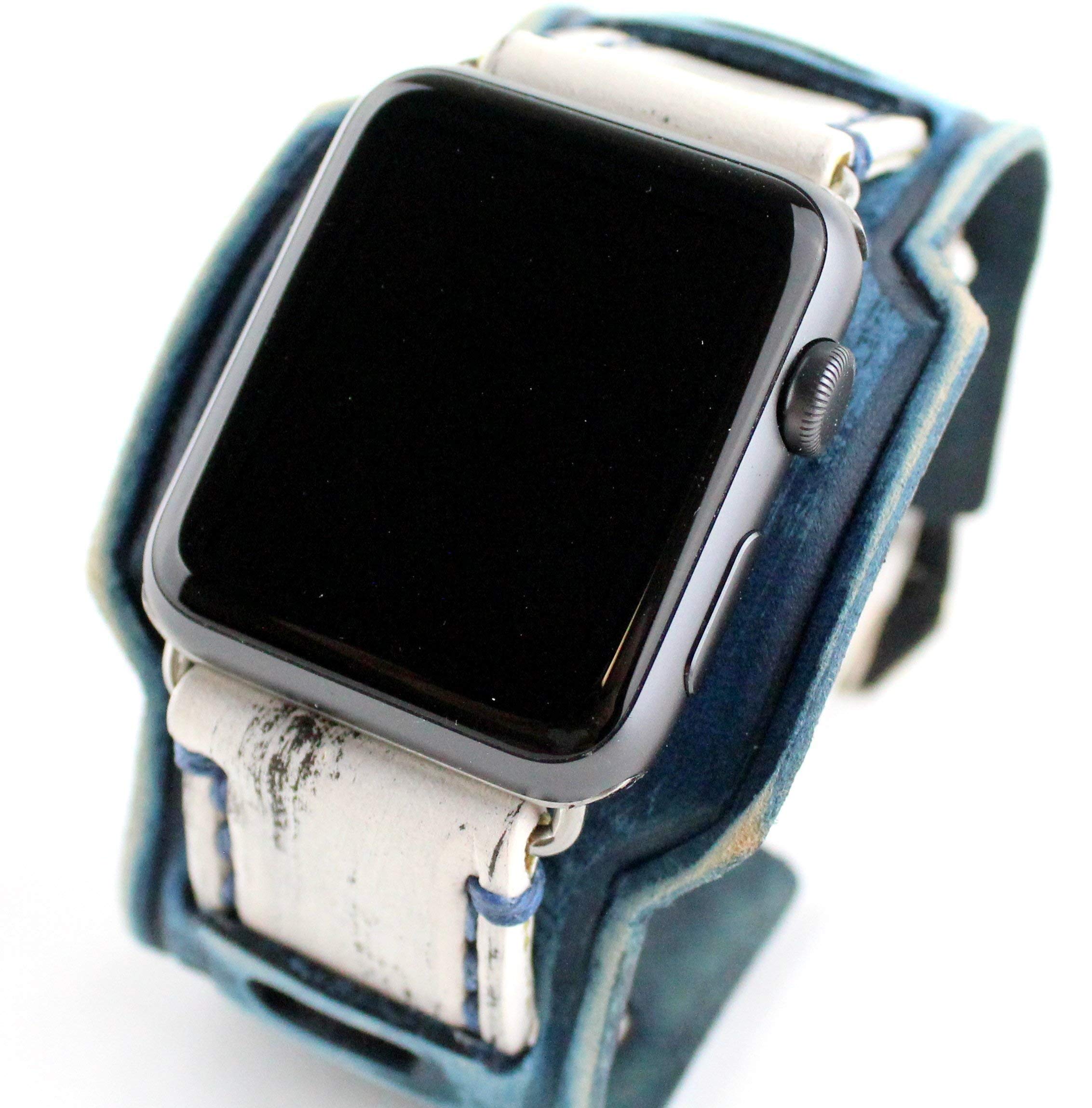 Vintage Distressed Blue and White Leather Apple Watch Band - Adjustable Cuff Strap Compatible with Series 1-10 & Ultra 1-2 | Perfect for Casual Wear, Office Style & Everyday Use