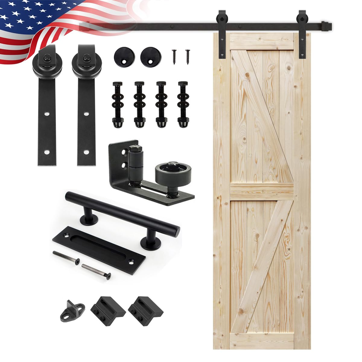 28x84 Inch Unfinished Knotty British Barn Door with 5FT Sliding Hardware Kit - Solid Wood Double Surface Sliding Door for Bedroom, Closet & Living Room - Easy J-Shape Track Assembly