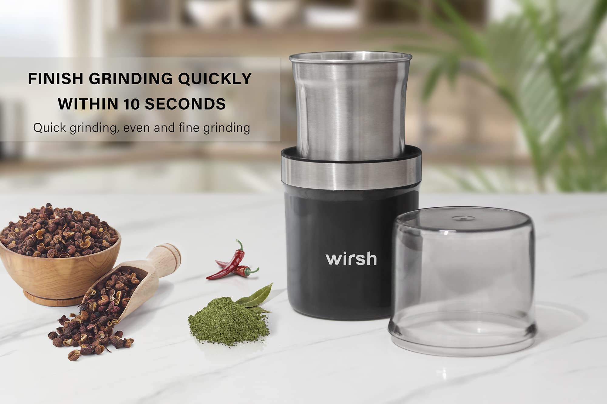 Electric Herb & Spice Grinder - 200W Motor with 5.3oz Stainless Steel Bowl for Coffee Beans, Nuts, Grains - One-Touch Operation & Pollen Catcher - Perfect for Kitchen, Camping & Travel Use