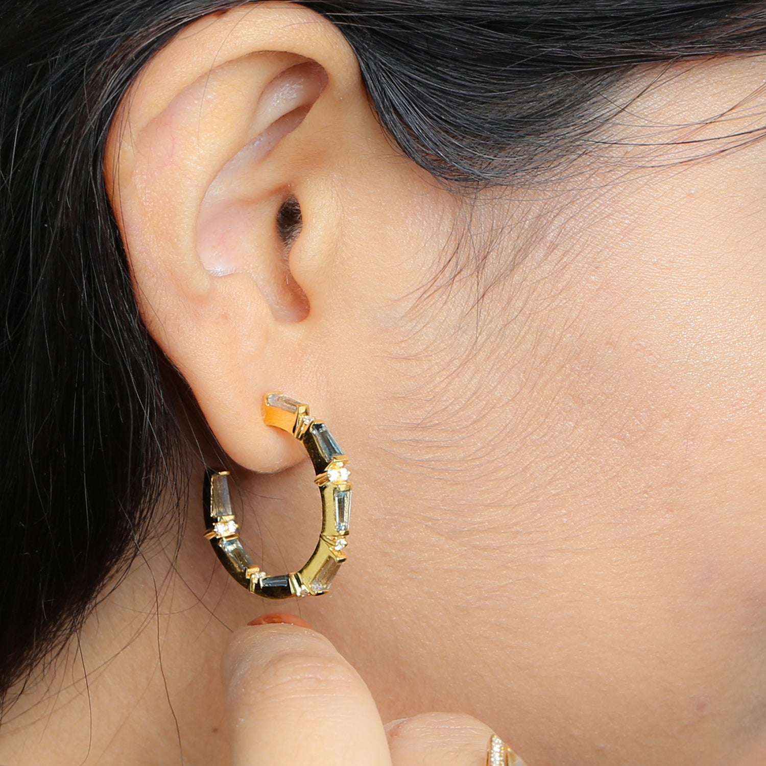Labradorite Tapered Cut Aquamarine Pave Diamond Hoop Earrings in 14K Yellow Gold - Elegant Dangle Earrings for Women, Perfect for Weddings, Parties & Special Occasions