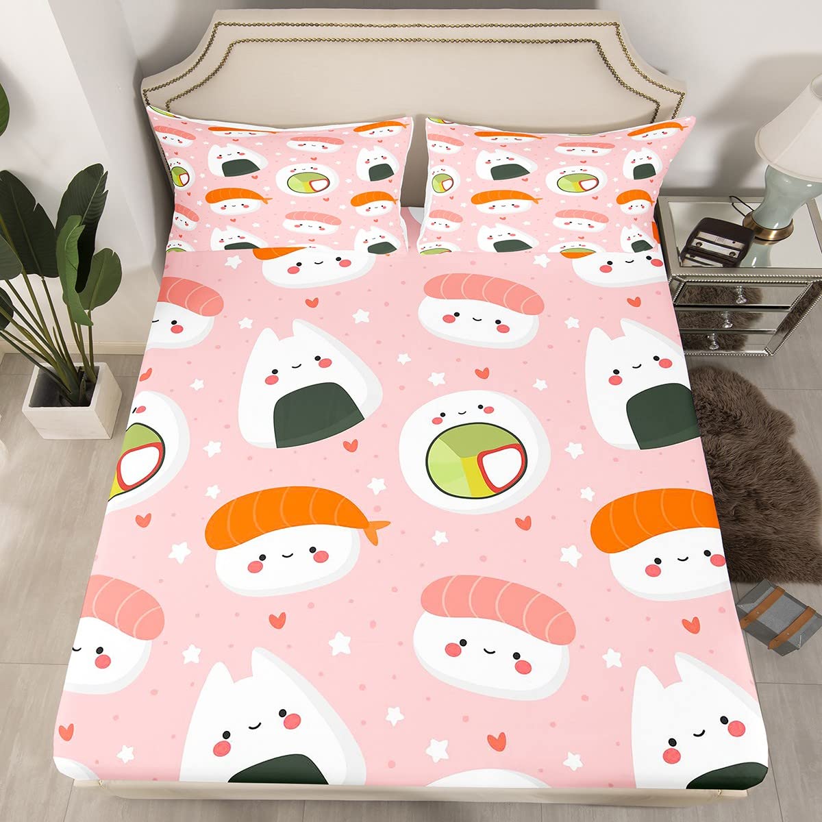 Cute Heart Sushi Twin Bed Sheets Set - Soft Microfiber Kawaii Bedding for Girls & Teens - Japanese Style Cartoon Bedroom Decor with Pillowcase - Pink Preppy Room Stuff for Kids & Teens Bedroom, Dorm, Sleepover & Anime Themed Rooms