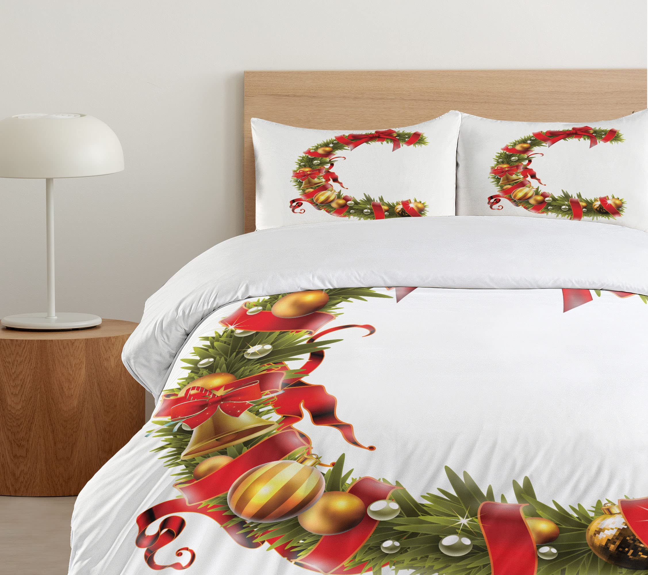 Ambesonne Christmas Alphabet Duvet Cover Set - Tree Branches Forming Letter C with Ribbon & Baubles, 3-Piece Queen Size Bedding Set with 2 Pillow Shams in Pearl & Olive Green | Holiday Home Decor for Bedroom, Festive Seasonal Gift Idea