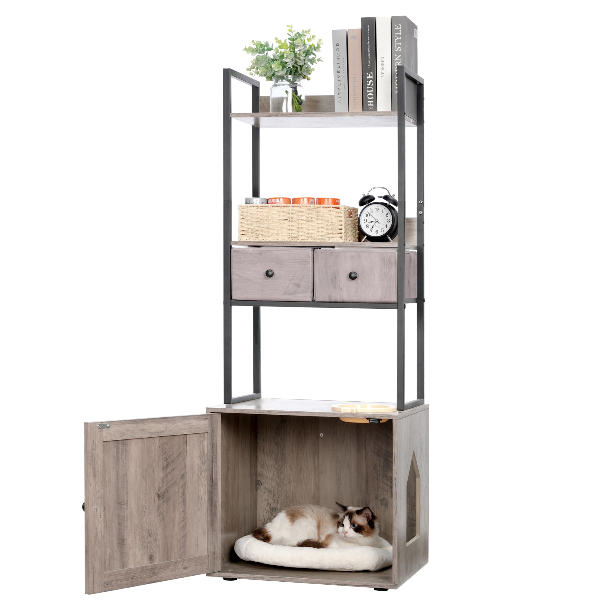 Heybrother Large Hidden Cat Litter Box Furniture Enclosure with 2 Storage Shelves & 2 Drawers - Soft Cushion Top, Fits Most Litter Boxes & Supplies, Rustic Gray (MPJ130SG) - Perfect for Living Room, Bedroom or Home Office Décor