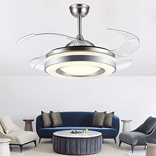 Modern 42 Inch Silver Ceiling Fan with Lights and Remote Control - Retractable Chandelier Fan with Clear ABS Blades, 3-Speed 3-Color LED Lighting Kit for Bedroom, Living Room, and Dining Room