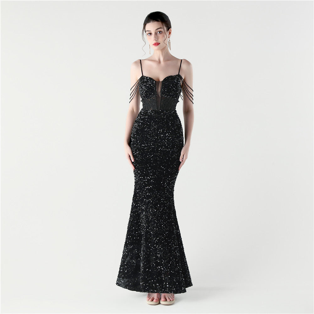 2025 New Fishbone Waist Binding Fleece Evening Dress with Beaded Diamond Decals - Elegant Dinner Party & Formal Event Gown