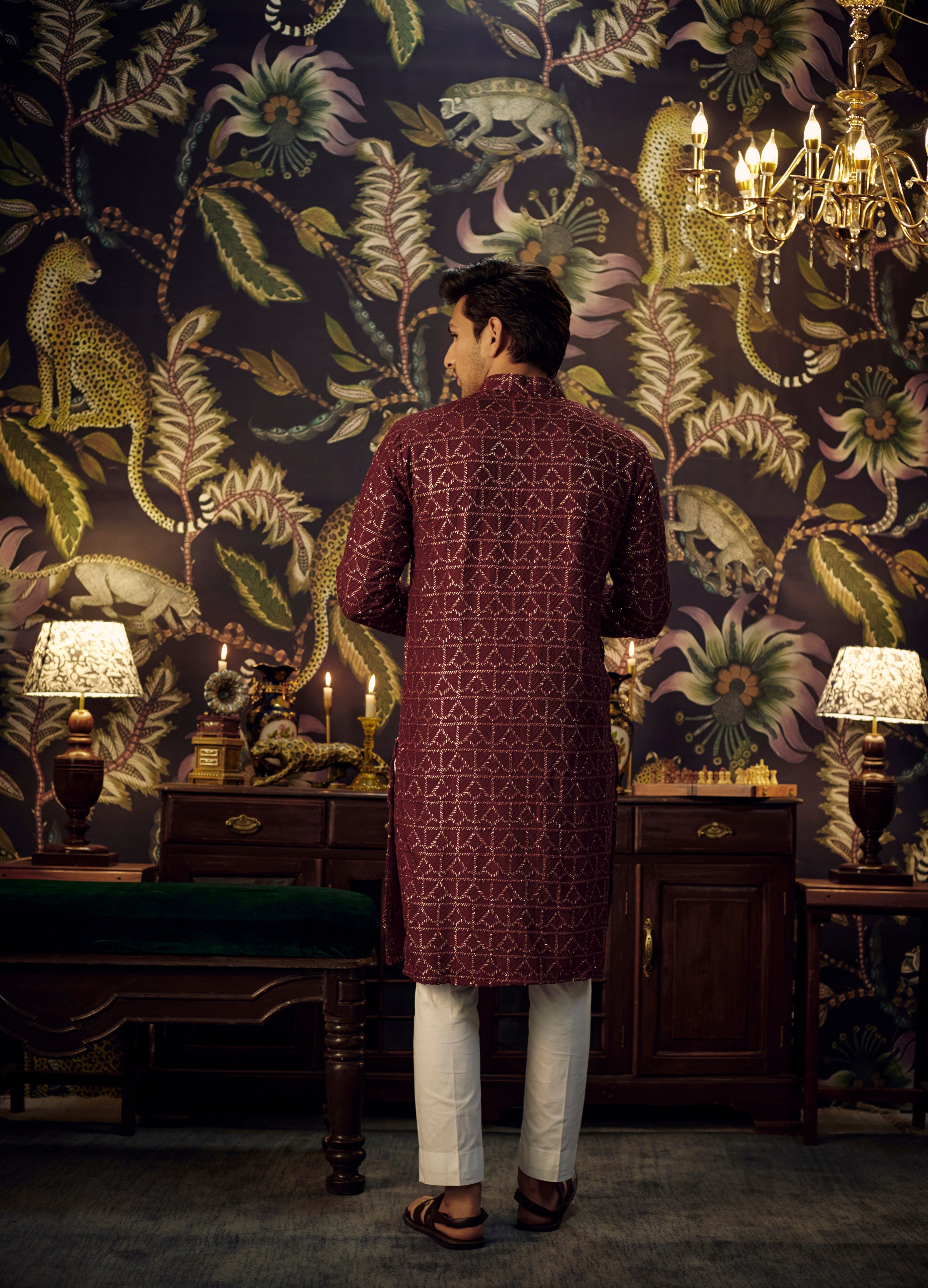 Elegant Maroon Chikankari Kurta with Tone-on-Tone Threadwork & Sequin Embroidery - Perfect for Festivals, Weddings & Ethnic Parties