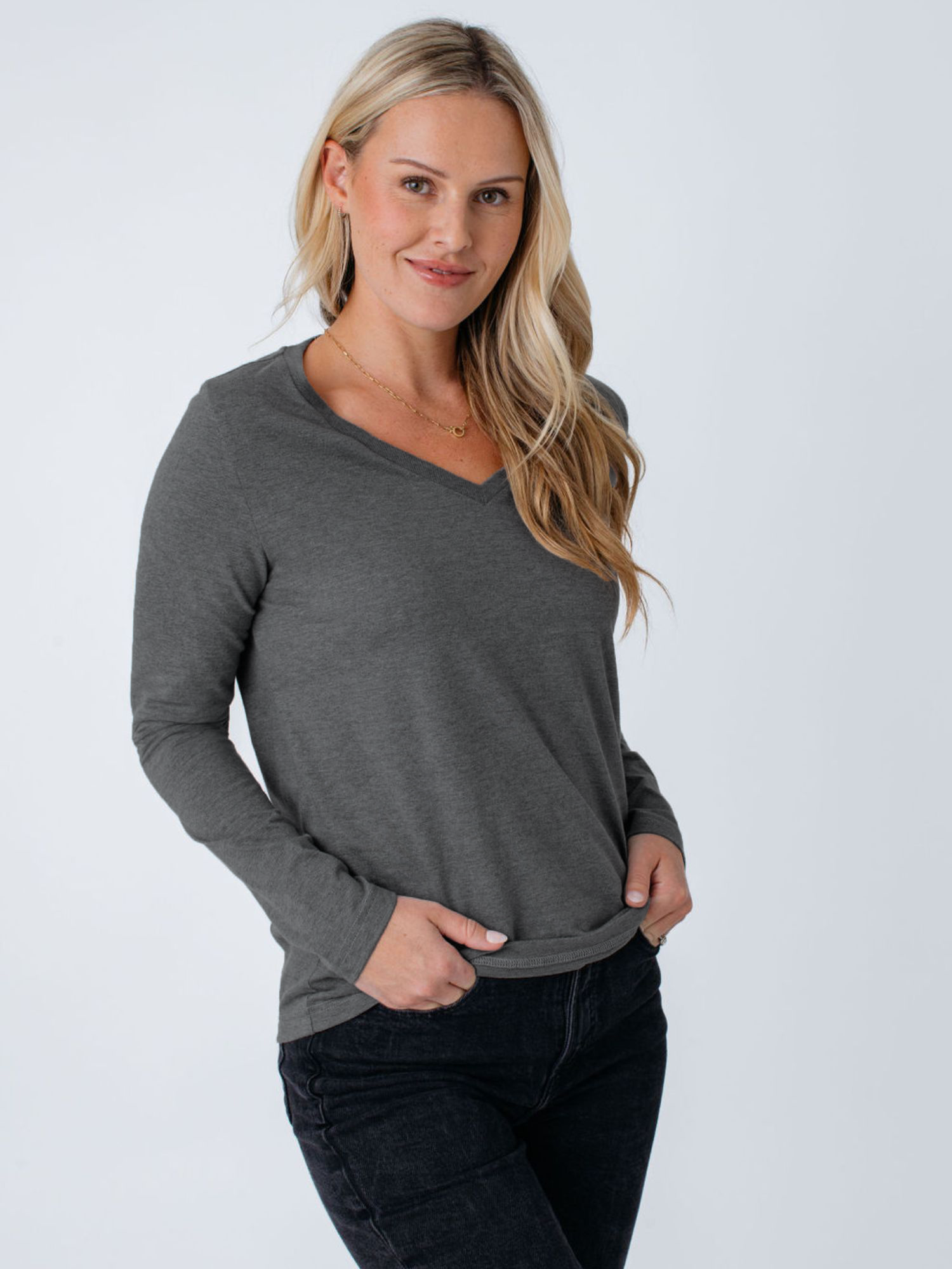 Women's Carbon Grey Long Sleeve V Neck T-Shirt - Soft Casual Basic Top for Everyday Wear, Work & Layering