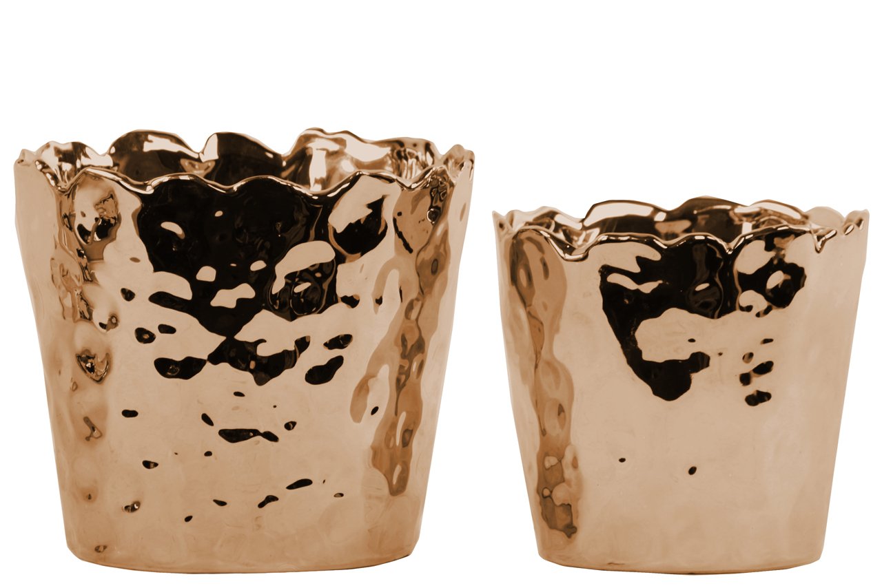 Premium Ceramic Tapered Uneven Flower Pots (Set of 2) - Polished Chrome Copper Finish - Modern Home & Office Decor for Succulents, Small Plants, and Indoor Gardening
