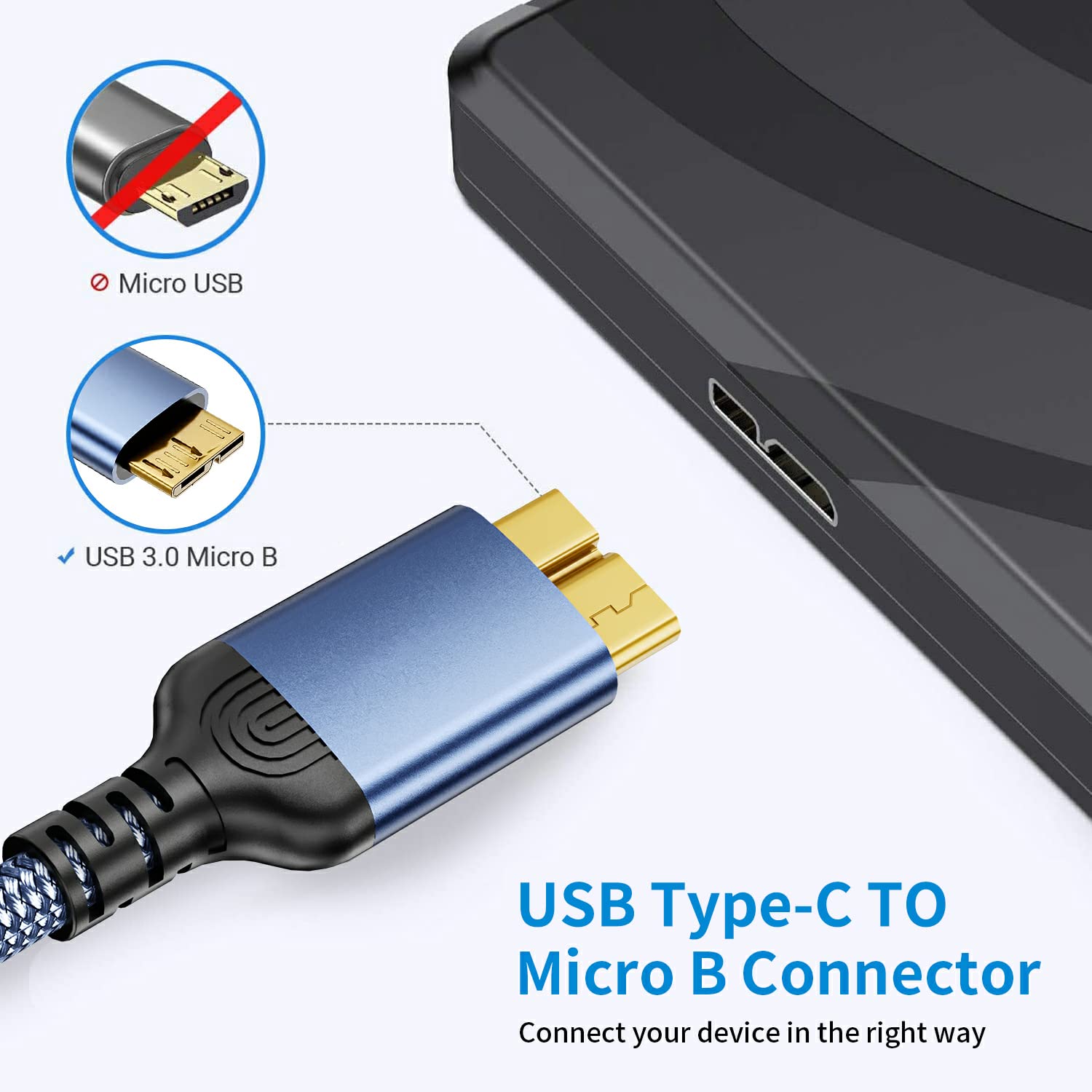 XGMATT USB C to USB 3.0 Micro B Cable 0.5M - High Speed Data Transfer Cable for WD, Toshiba Canvio, Seagate Expansion External Hard Drives - Also Compatible with Samsung Galaxy S5 - Perfect for Data Backup, File Transfer and Mobile Device Charging