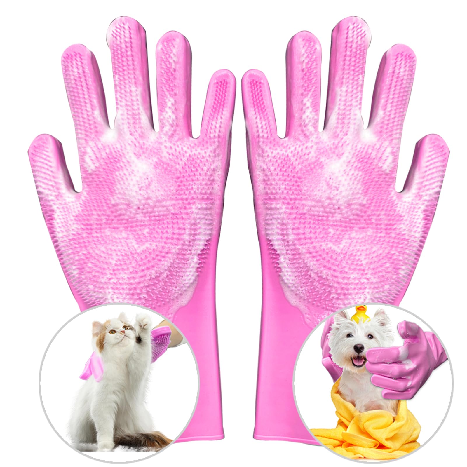 Premium Heat Resistant Silicone Pet Grooming Gloves for Dogs & Cats - 5 Finger Design with High Density Teeth - Gentle Brushing & Massaging for Shedding, Bathing & Bonding (Pink) - Perfect for Home Grooming & Pet Spa Days