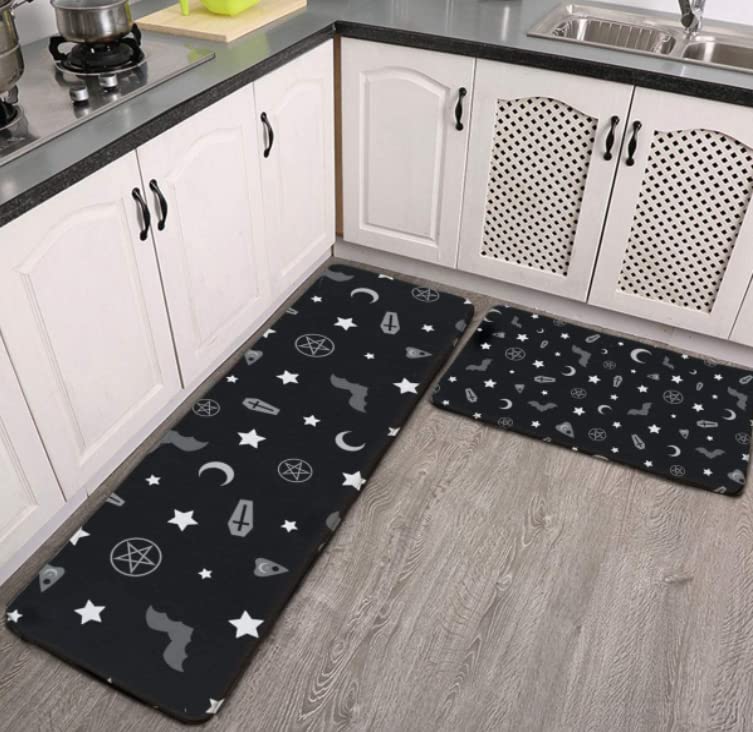 Goth Occult Pattern Kitchen Rug Set - 2 Piece Non-Slip Washable Floor Mats for Indoor & Outdoor Use - Perfect for Kitchen, Entryway, Laundry Room, and Bathroom Decor