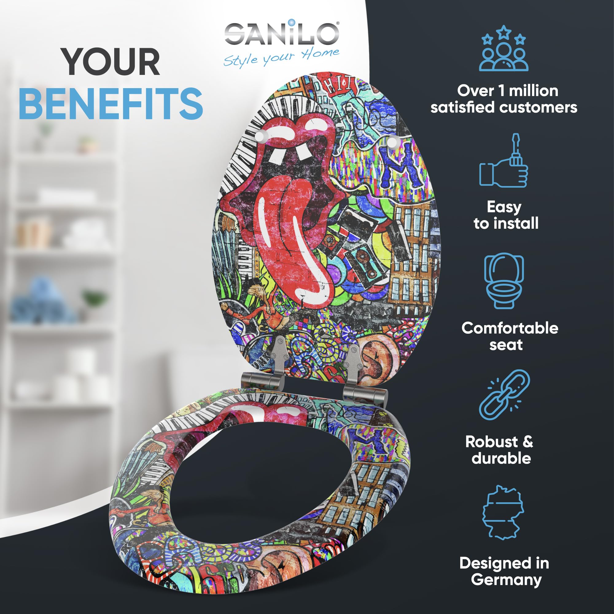 Sanilo Soft Close Toilet Seat ELONGATED - Quiet Slow Closing Lid with Strong Bumpers & Durable Hinges - Graffiti Resistant - Perfect for Modern Bathrooms & Home Renovation Projects