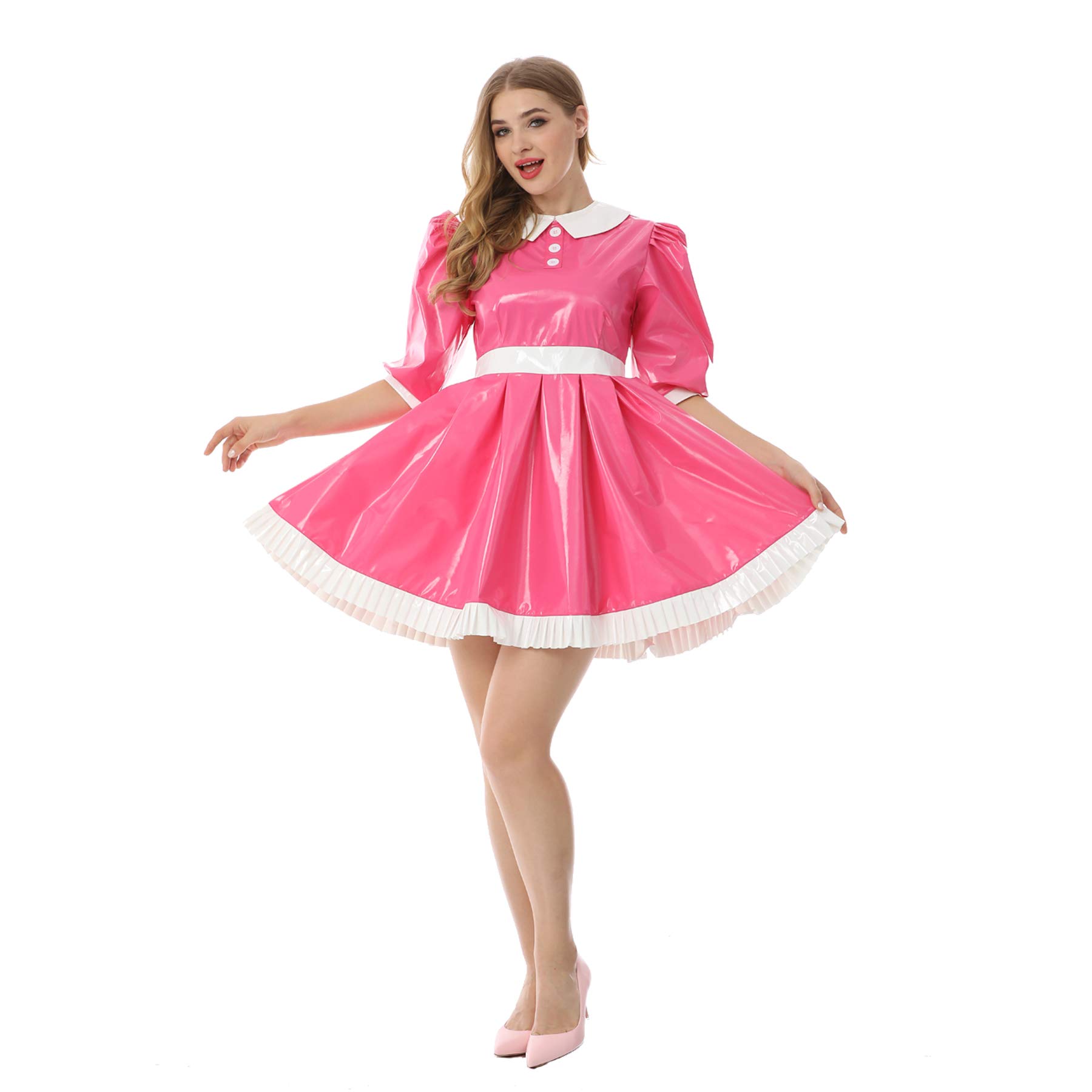 JOLINE Women's Half Sleeve Rose Red Uniform Dress for Crossdressing - Perfect for Cosplay, Role Play, and Themed Parties