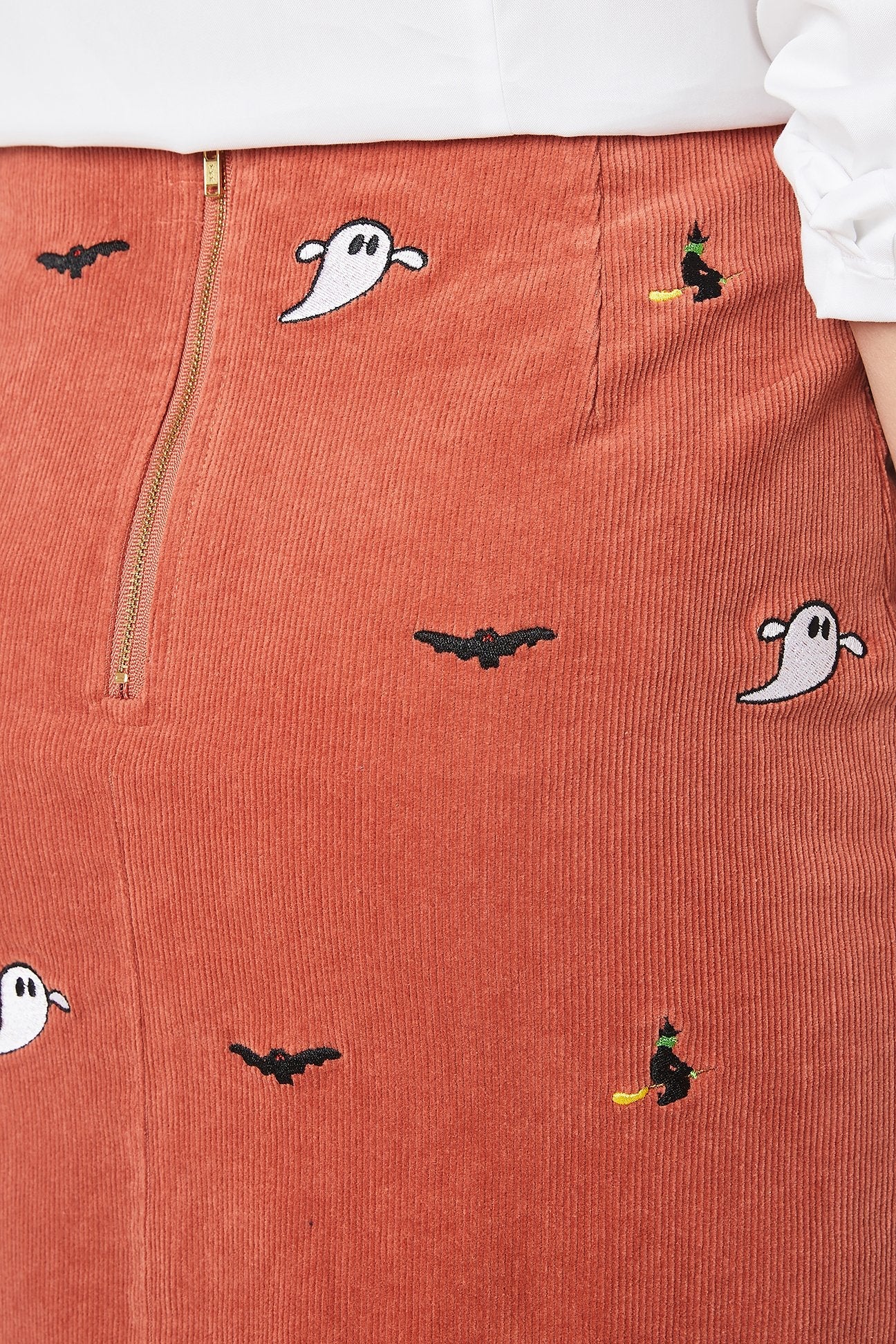 Stylish Corduroy Skirt in Nantucket Red with Ghost Bat & Witch Design - Perfect for Halloween Costumes & Autumn Fashion Outfits