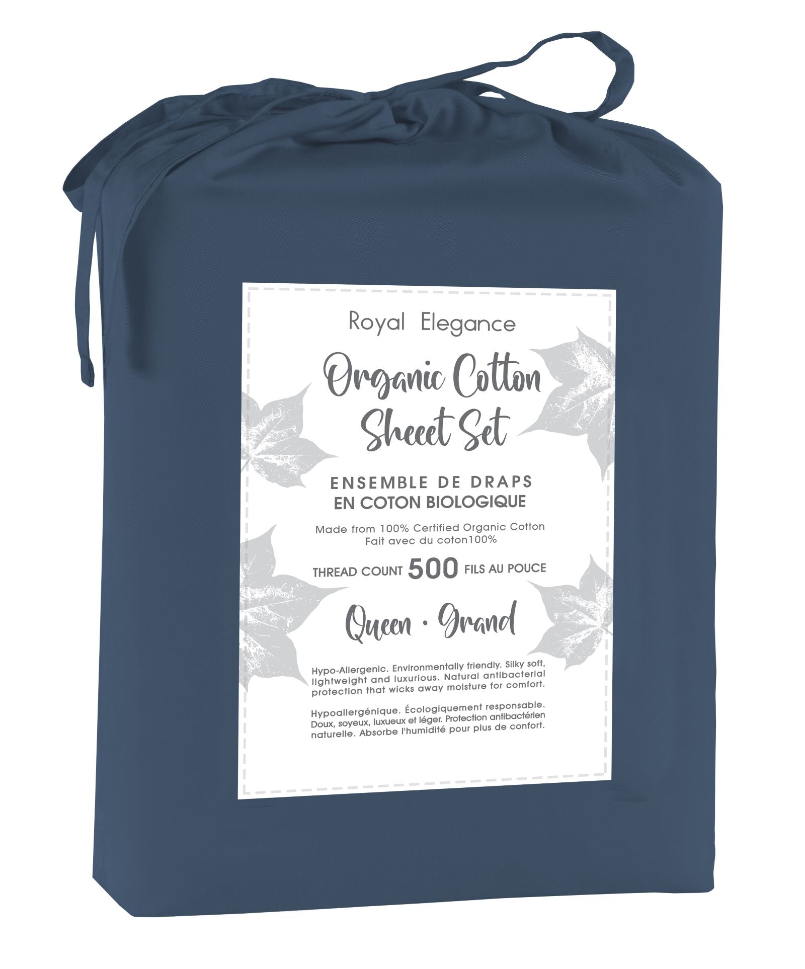 100% Organic Cotton Queen Sheet Set - 500 Thread Count, Navy Blue - Soft & Breathable Bedding for Comfortable Sleep & Relaxation
