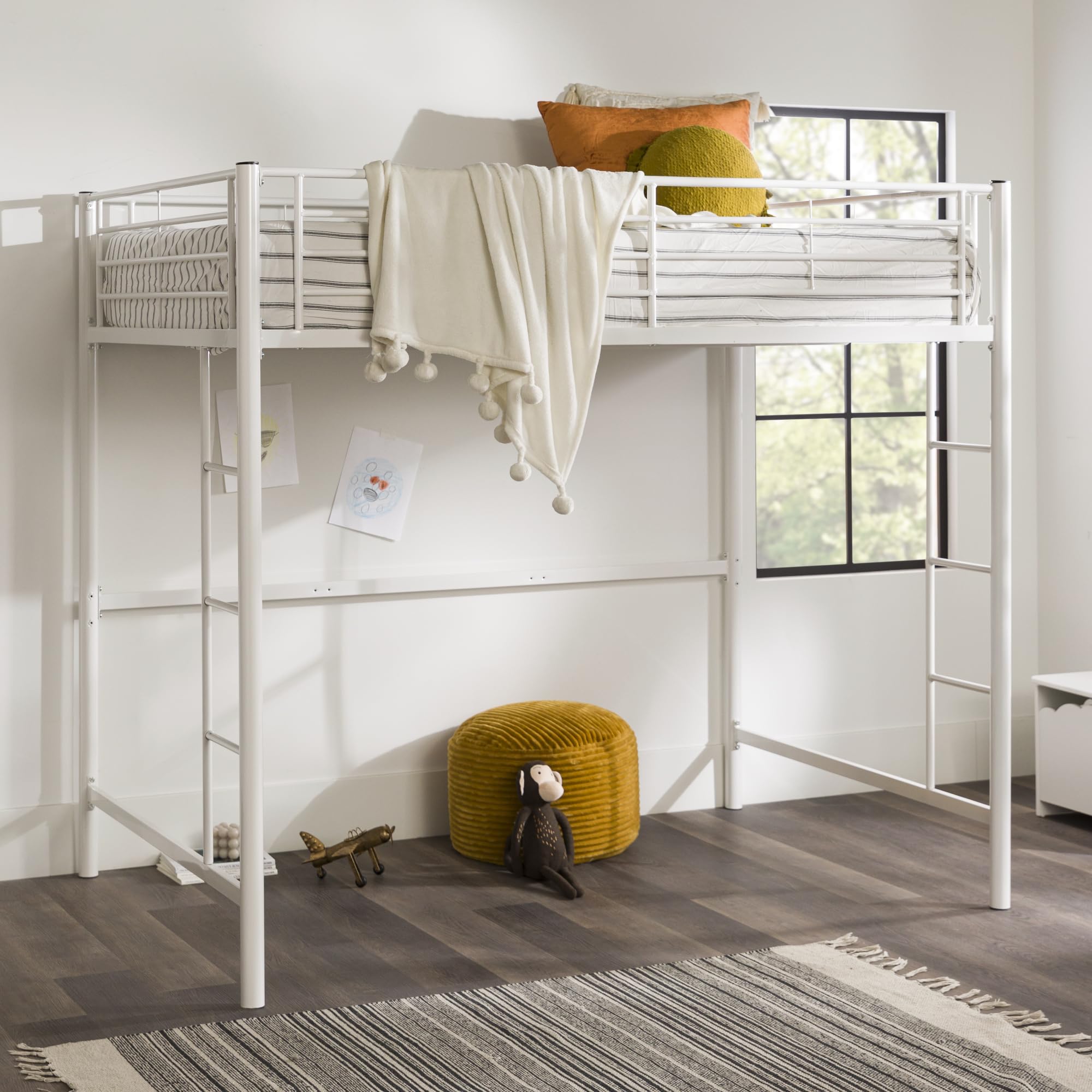 Walker Edison Timothee Urban Industrial Metal Full Double Loft Bunk Bed - White | Space-Saving Kids & Teen Bedroom Furniture for Small Rooms & Dorm Living
