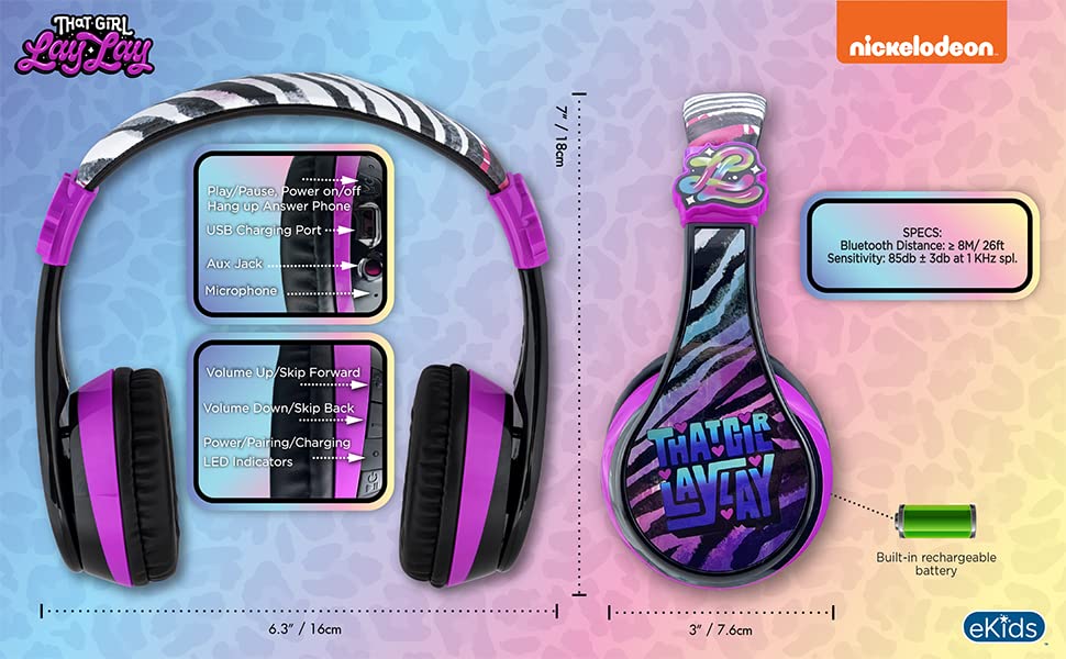 eKids That Girl Lay Lay Bluetooth Headphones for Kids - Wireless Headphones with Built-in Mic, Volume Limiting Safe Headphones for School, Home, Travel & Online Learning - Perfect for Classroom, Airplane & Virtual Classes