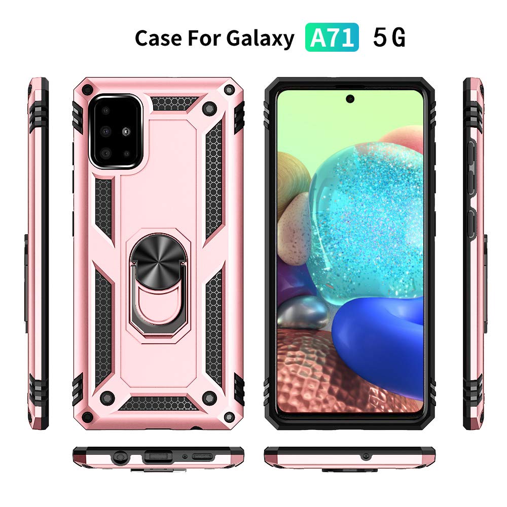 Samsung Galaxy A71 5G Case with Screen Protector - Military Grade Shockproof Phone Cover with Ring Stand, Rose Gold | Perfect for Outdoor Activities, Travel & Daily Protection