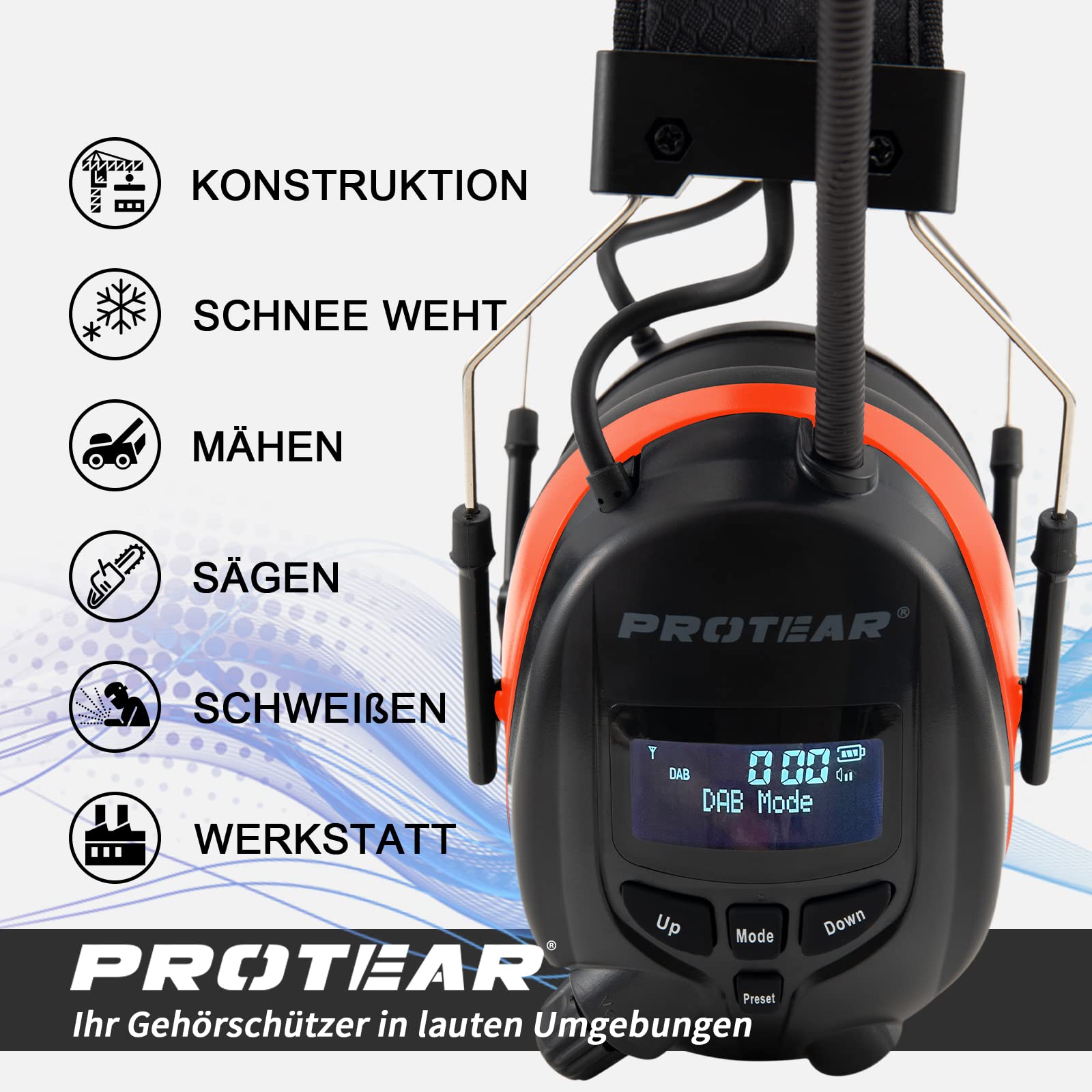PROTEAR Wireless Noise Cancelling Headphones with DAB/DAB+/FM/Bluetooth 5.3, 30dB SNR Hearing Protection for Workshop, Gardening/Mowing - Perfect for Construction, DIY Projects & Outdoor Activities