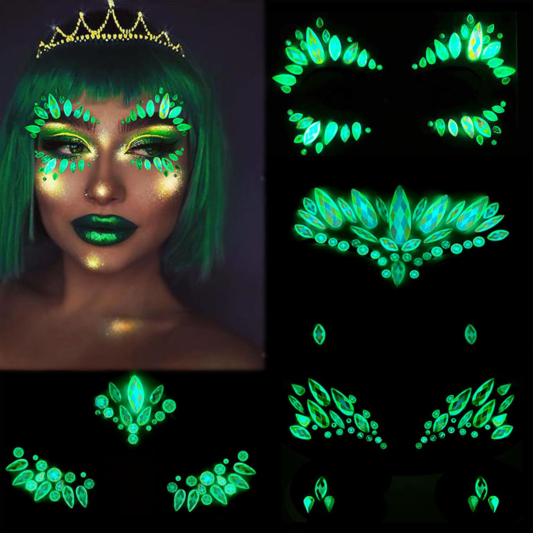 Face Gems 4 Sheet - Self-Adhesive Rhinestone Stickers for Women | Luminous Crystal Face Jewels for Carnival, Music Festival & Rave Parties | Temporary Tattoo & Party Accessories (Glow in Dark) - Perfect for Halloween, Cosplay & Night Events