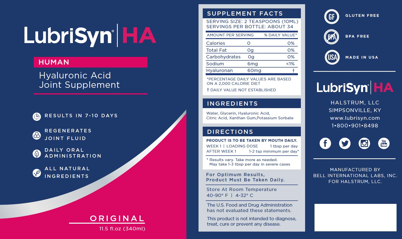 LubriSynHA Human Joint Supplement - All-Natural High-Molecular Weight Hyaluronic Acid for Joint Support | Vegan, Made in USA | Promotes Healthy Joint Function for Men & Women | Ideal for Active Lifestyles, Sports & Daily Mobility
