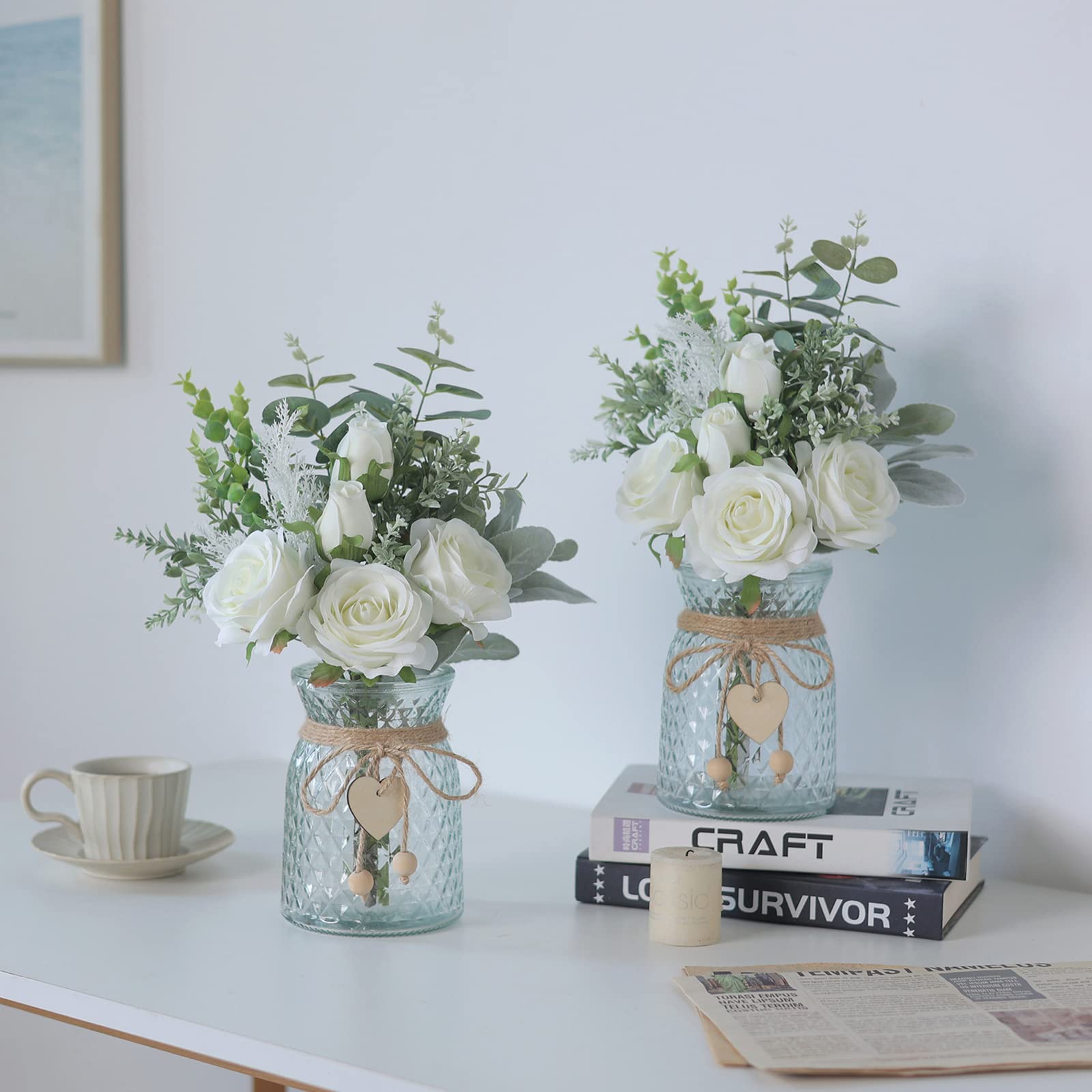 Artificial Silk Roses in Vase - Home & Office Decor for Farmhouse, Bathroom, Dining Table