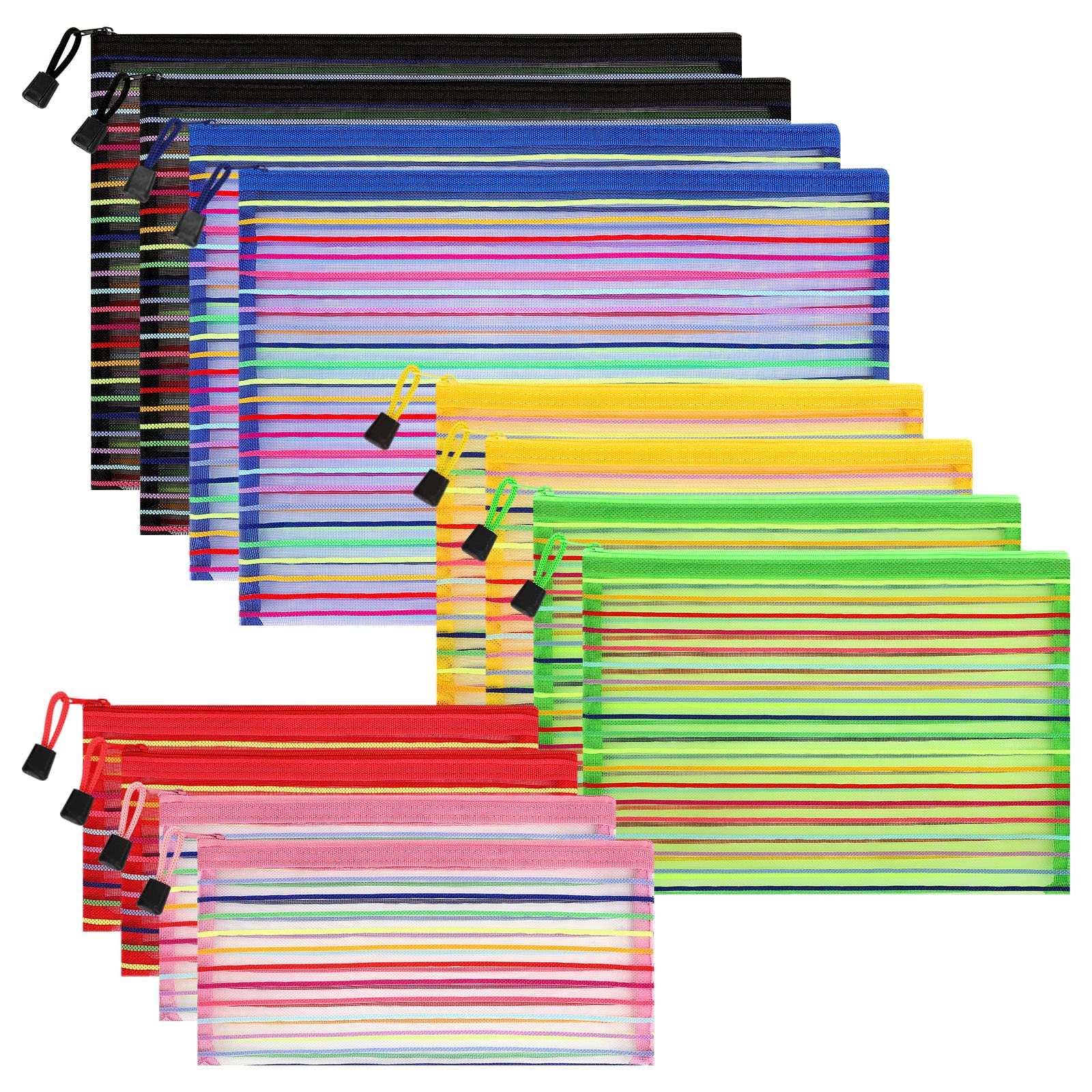 12-Piece Zipper Nylon Mesh Pouch Set - Waterproof Cosmetic Bags, Makeup Organizers, Pencil Cases & Travel Accessories (Multicolor, Assorted Sizes) - Perfect for School, Office, Gym & Travel Organization
