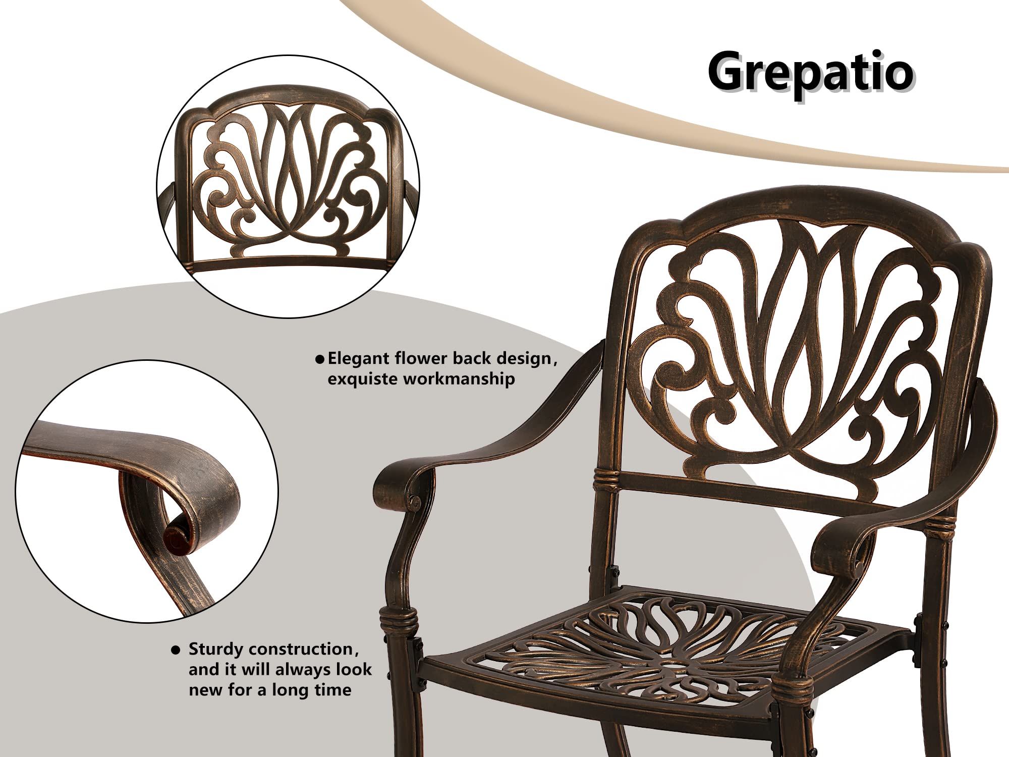 Grepatio 3-Piece All-Weather Cast Aluminum Outdoor Dining Set - 2 Patterned Back Chairs & 1 Bistro Table with Umbrella Hole - Patio, Garden, Poolside Furniture in Antique Bronze - Perfect for Backyard BBQs, Outdoor Entertaining & Relaxation