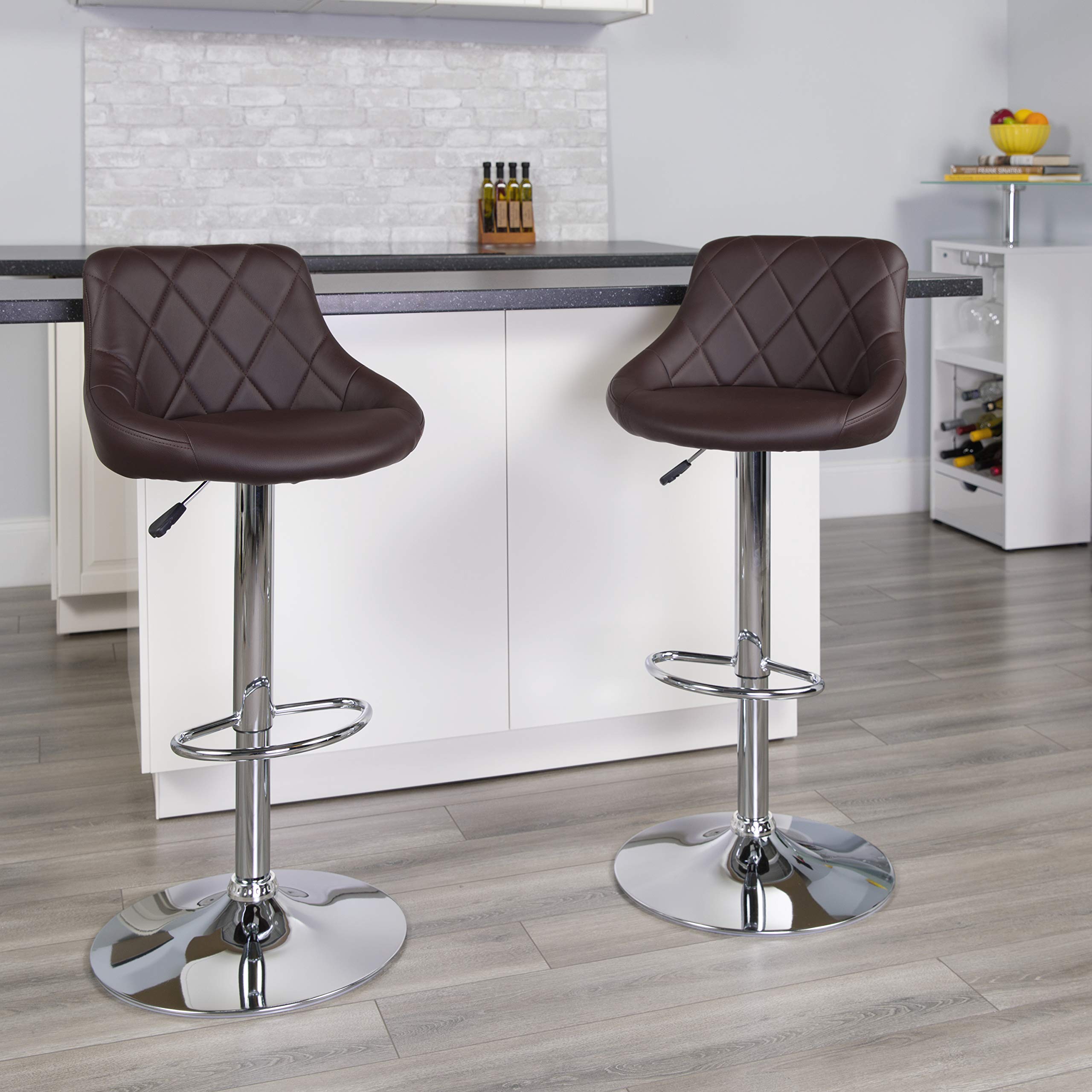 Flash Furniture Contemporary Vinyl Adjustable Height Bar Stool - Diamond Pattern Back, Chrome Base - Brown (1 Pack) - Perfect for Kitchen Islands, Home Bars & Counter Seating