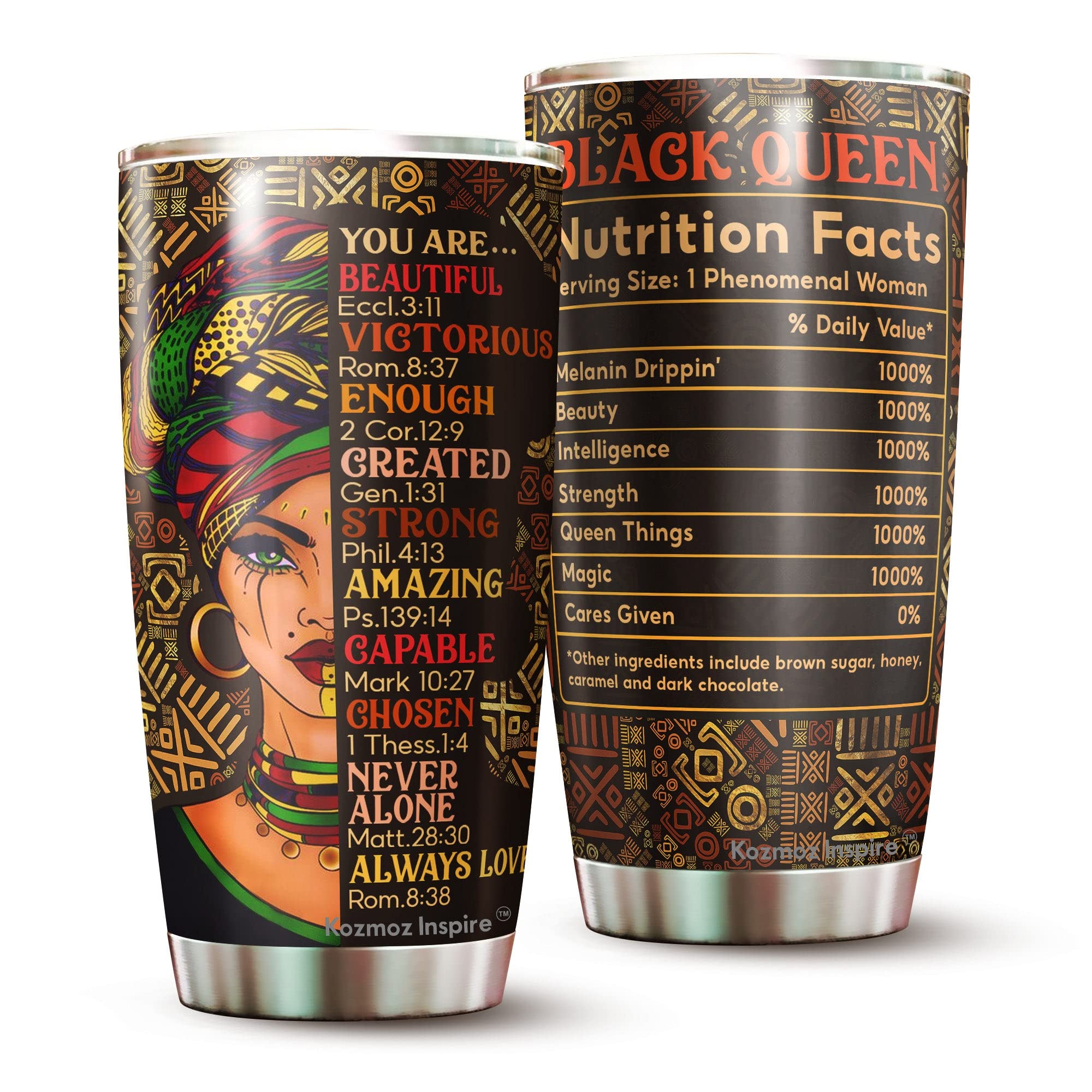 Kozmoz Inspire Black Queen Nutrition Facts Tumbler 20oz - African American Women Empowerment Gift - Birthday Present for Her - Motivational Water Bottle for Workouts, Office & Daily Hydration