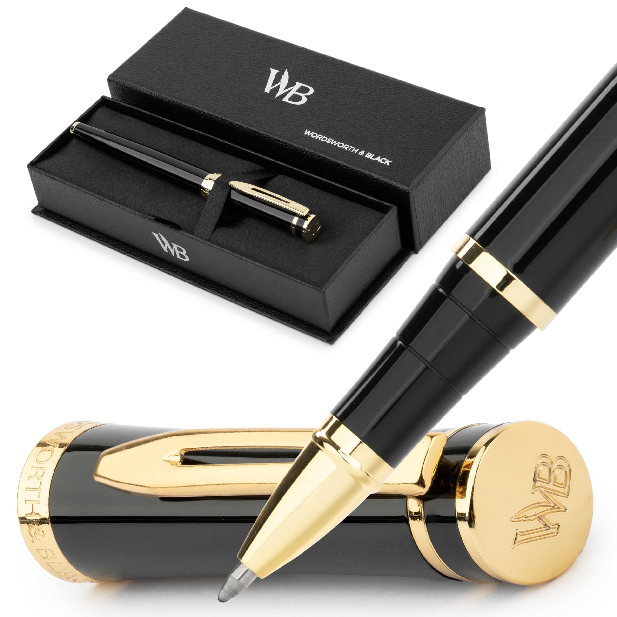 Wordsworth & Black Luxury Rollerball Pen - 24K Gold Finish & Black Lacquer - Refillable Ink Pen for Professionals - Elegant Gift for Men & Women - Perfect for Office, Business Meetings & Executive Writing