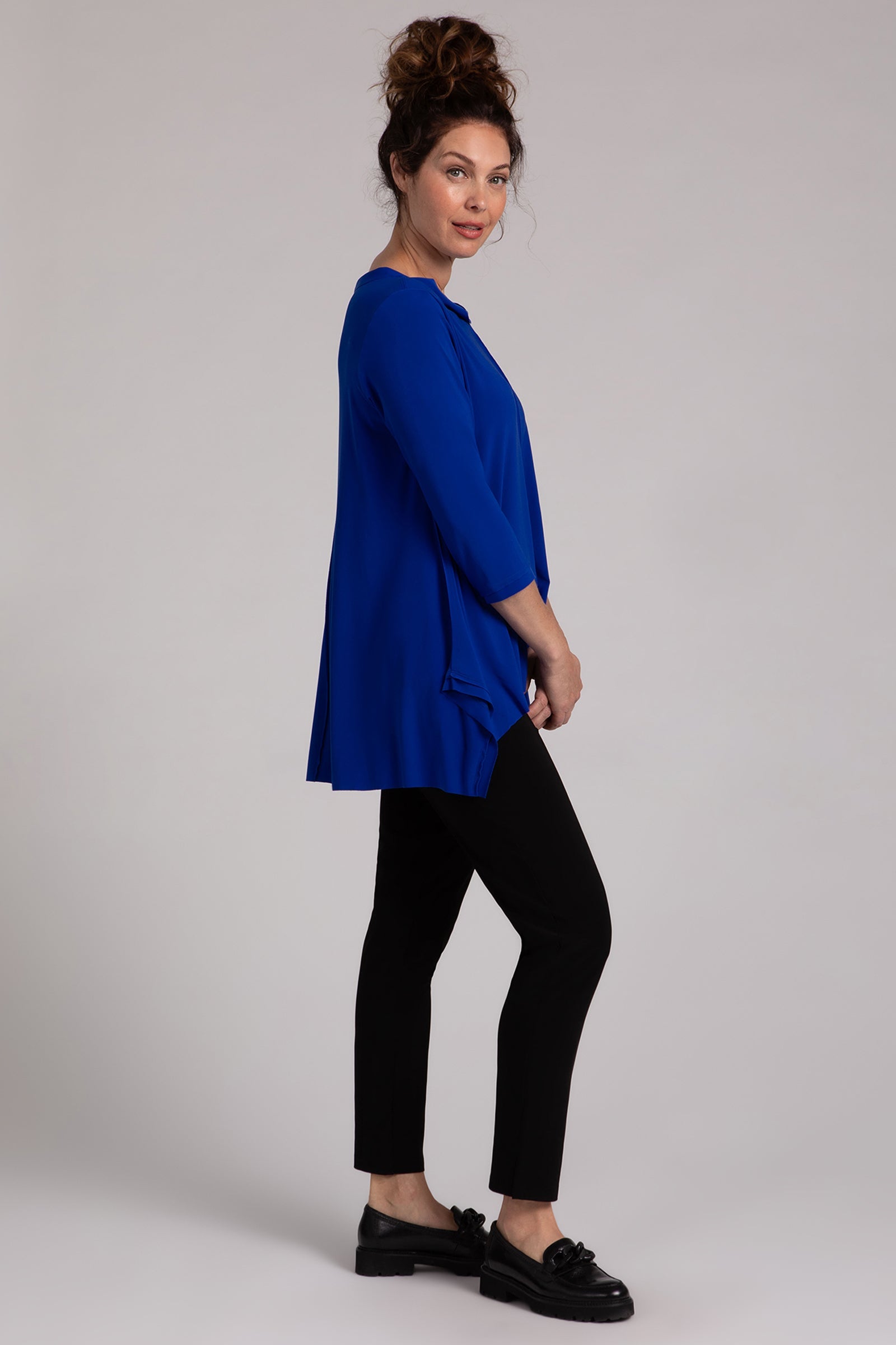 Flounce Top with Wide Funnel Collar | Lapis Blue Women's Blouse | Elegant Casual Wear for Office, Date Night & Summer Outfits